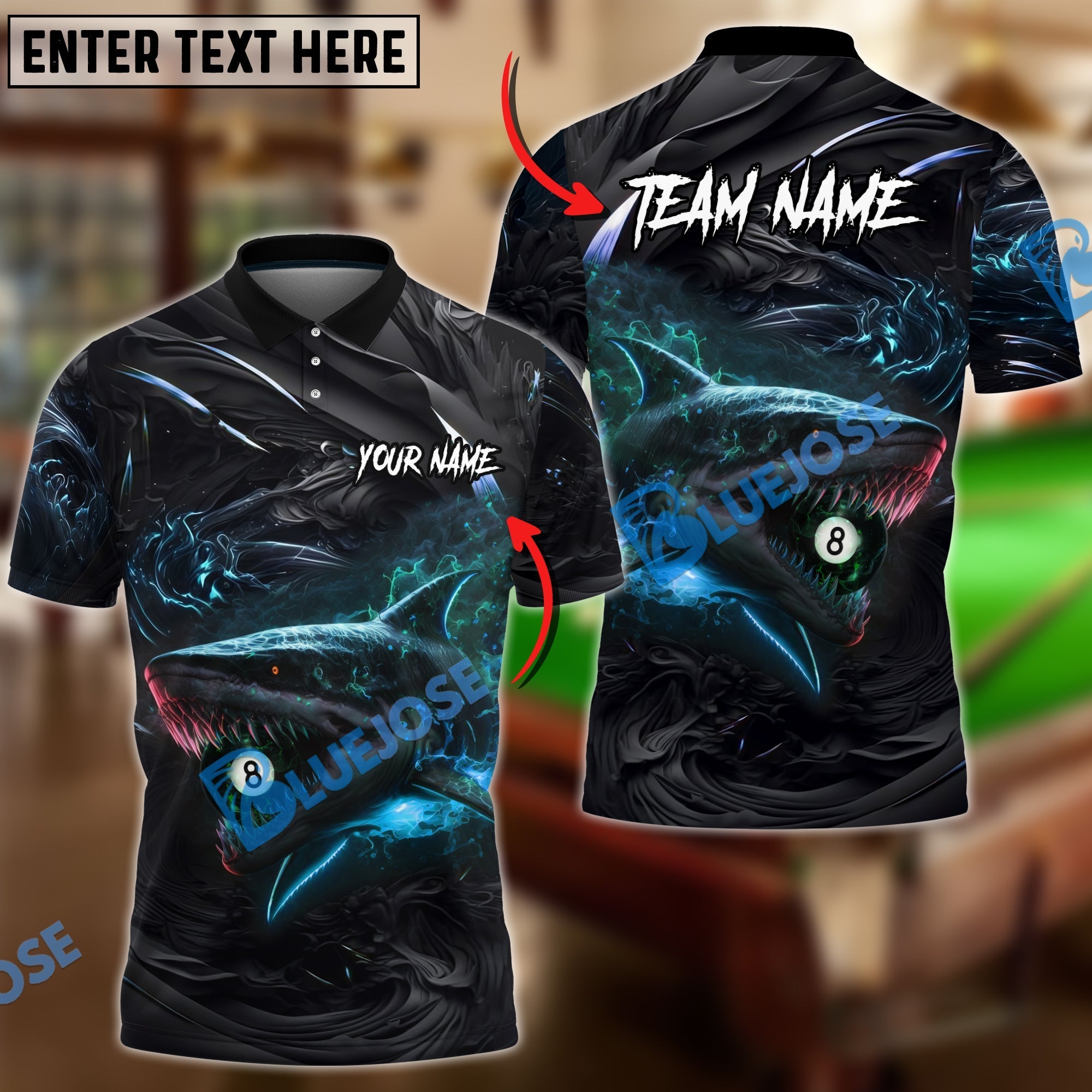 BlueJose Billiards 8 Ball Hell Flame Shark Personalized Name, Team Name Unisex Shirt (4 Colors)