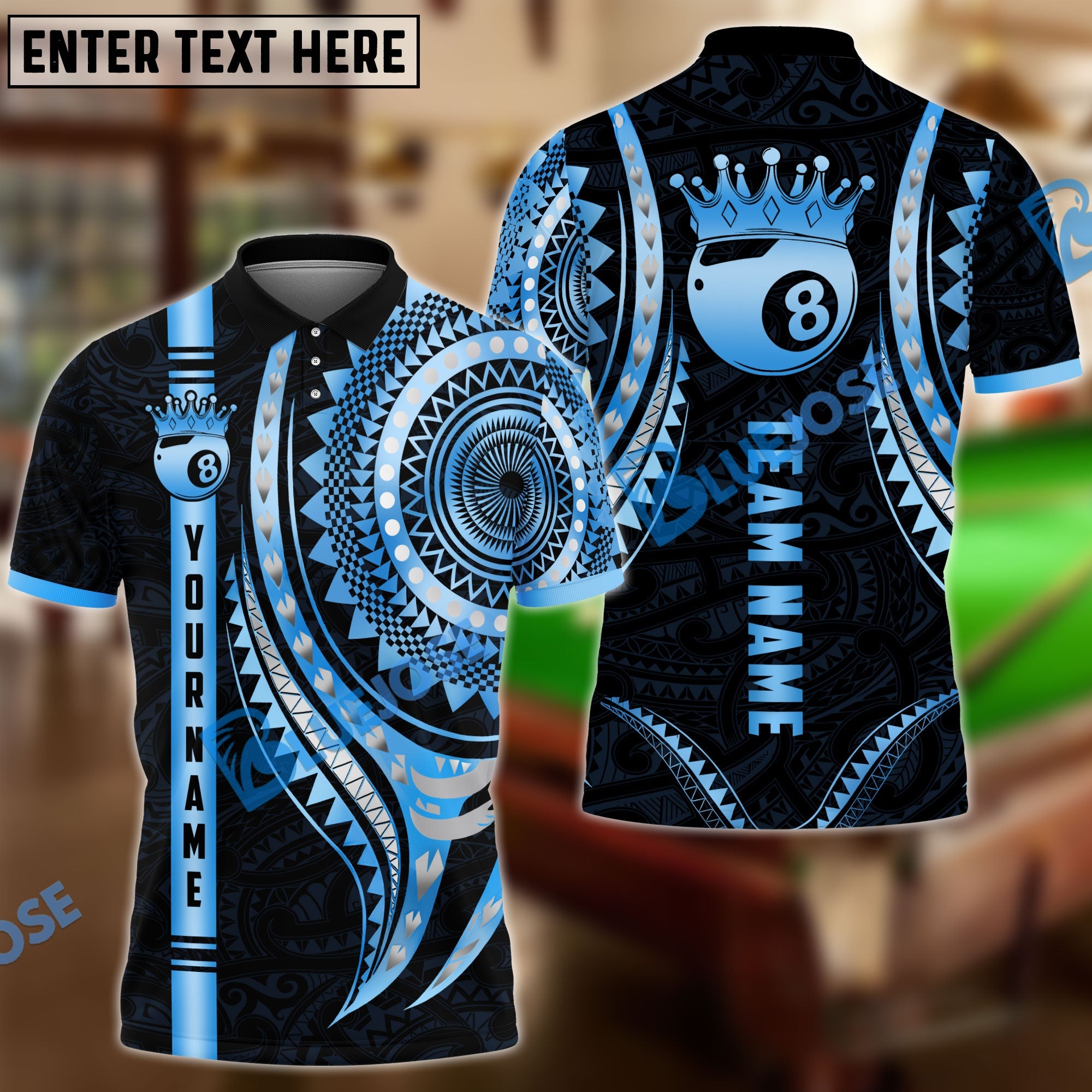 BlueJose Billiards 8 Ball Gold Mandala Personalized Name Shirt (4 Colors)