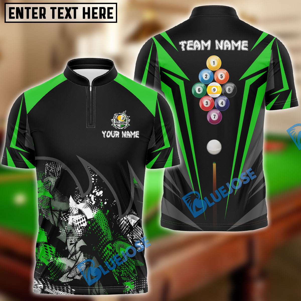 BlueJose Billiards Ball 9 Broken Fire Personalized Name & Team Name Shirt (4 Colors)