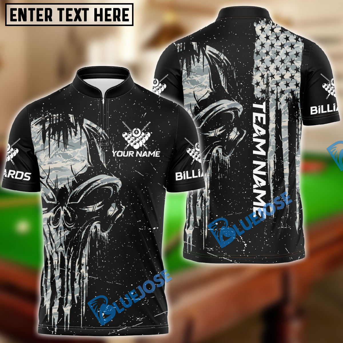 BlueJose Billiards Ball 8 Camo Punisher Skull Personalized Name & Team Name Shirt (4 Colors)