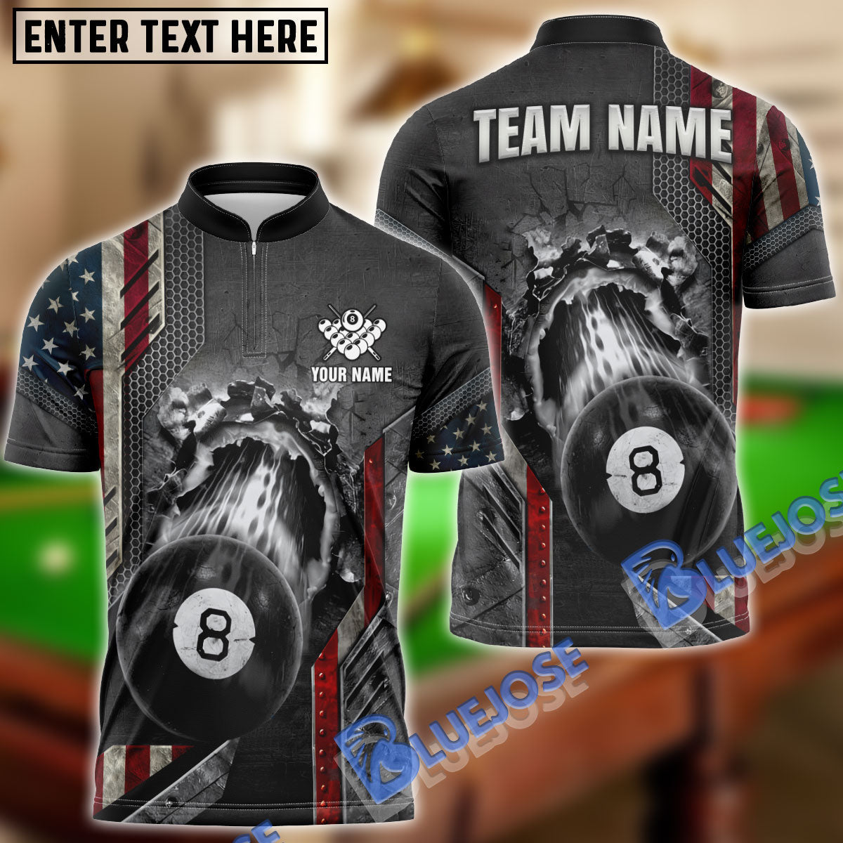 BlueJose Billiards Ball 8 Abstract Grunge Texture Personalized Name, Team Name Shirt (6 Colors)