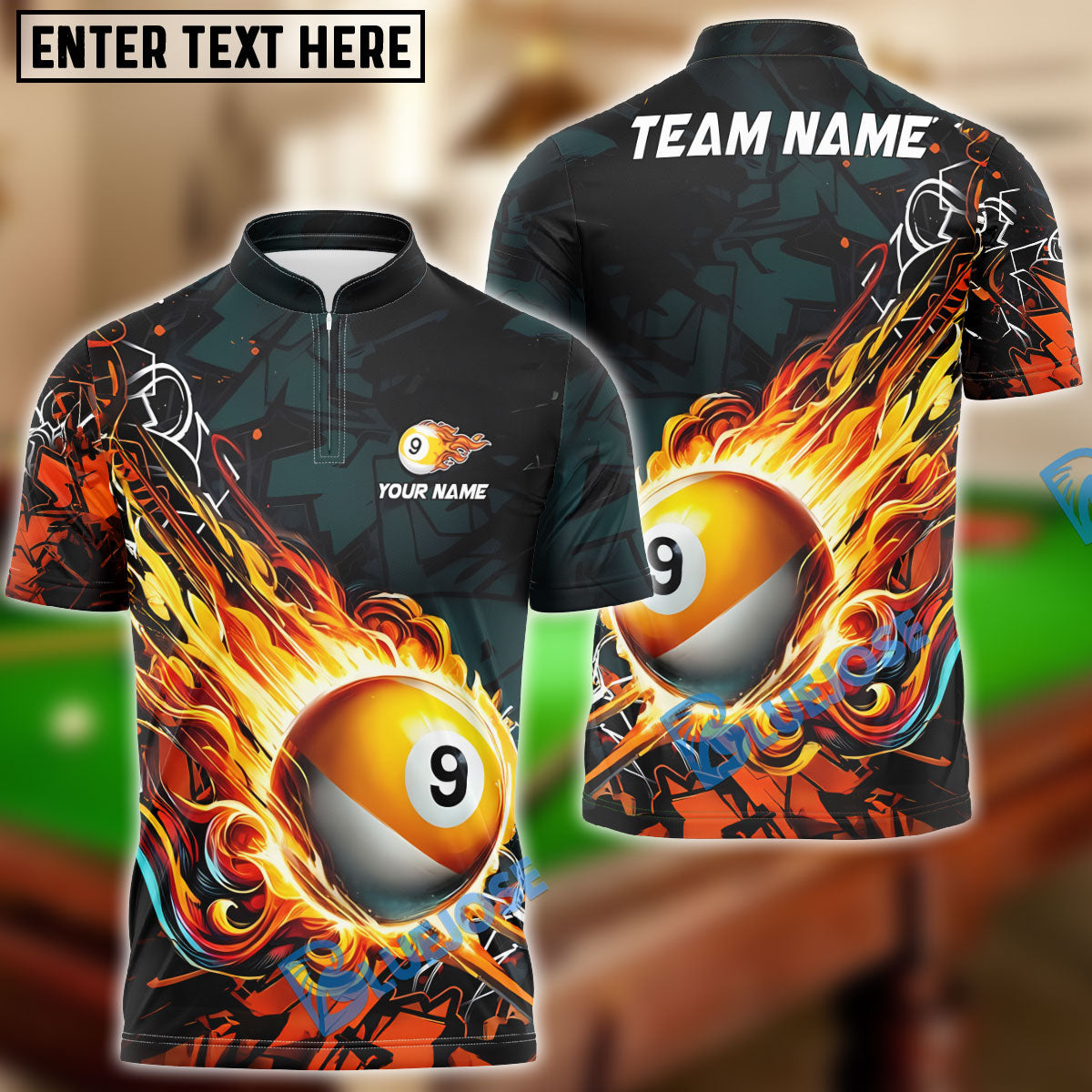 BlueJose Billiards Ball 9 Fireball Magic Personalized Name Shirt (4 Colors)