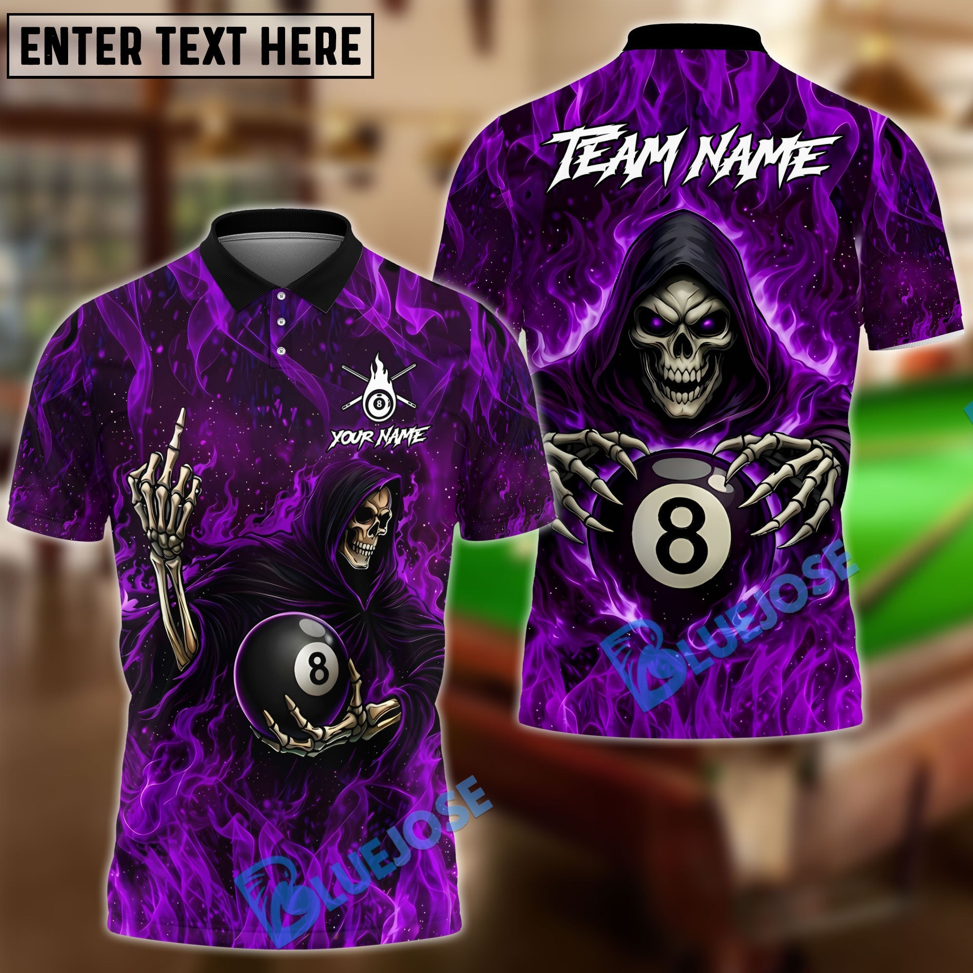 BlueJose Billiards 8 Ball Grim Reaper Middle Finger Personalized Name Shirt (4 Colors)