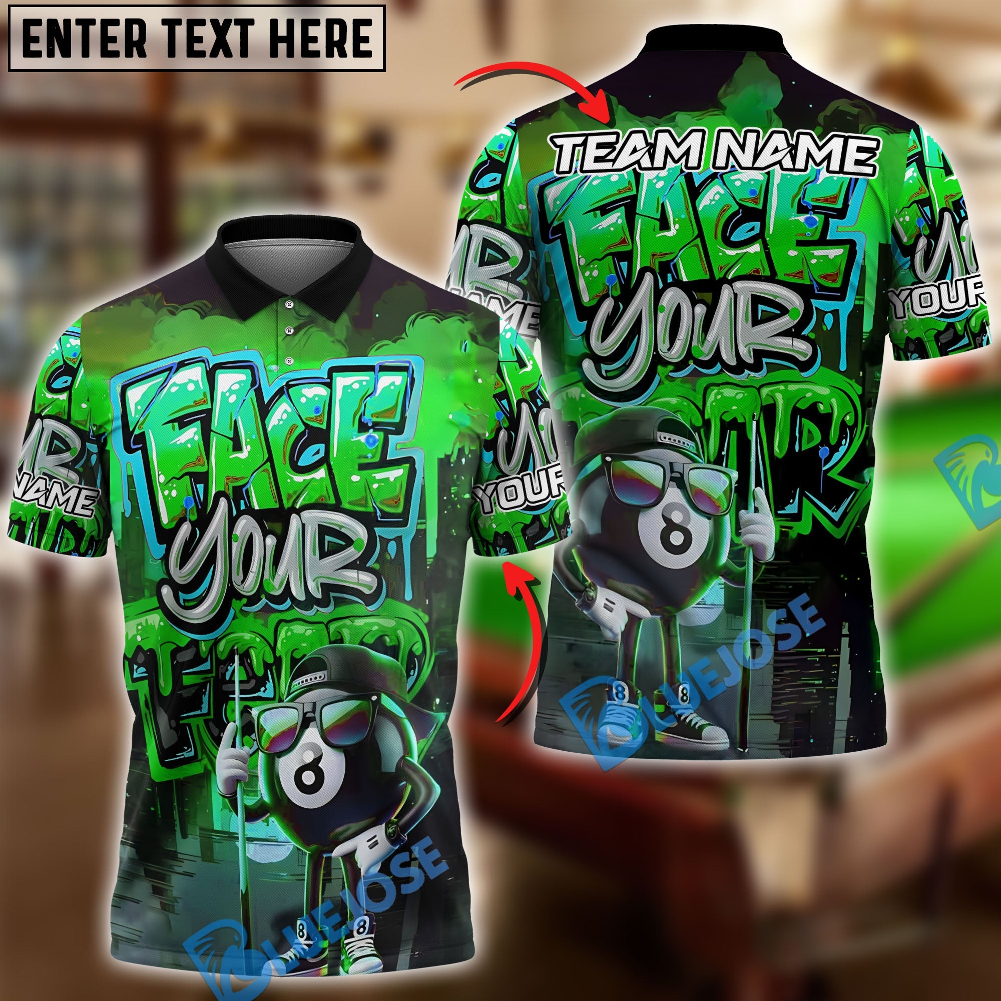 BlueJose Billiards 8 Ball Graffiti Street Art Face Your Fear Style Personalized Name, Team Name Unisex Shirt (4 Colors)