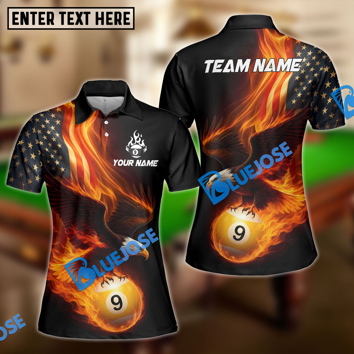 BlueJose Billiards Ball 9 Eagle Flag Flame Personalized Name Shirt (4 Colors)
