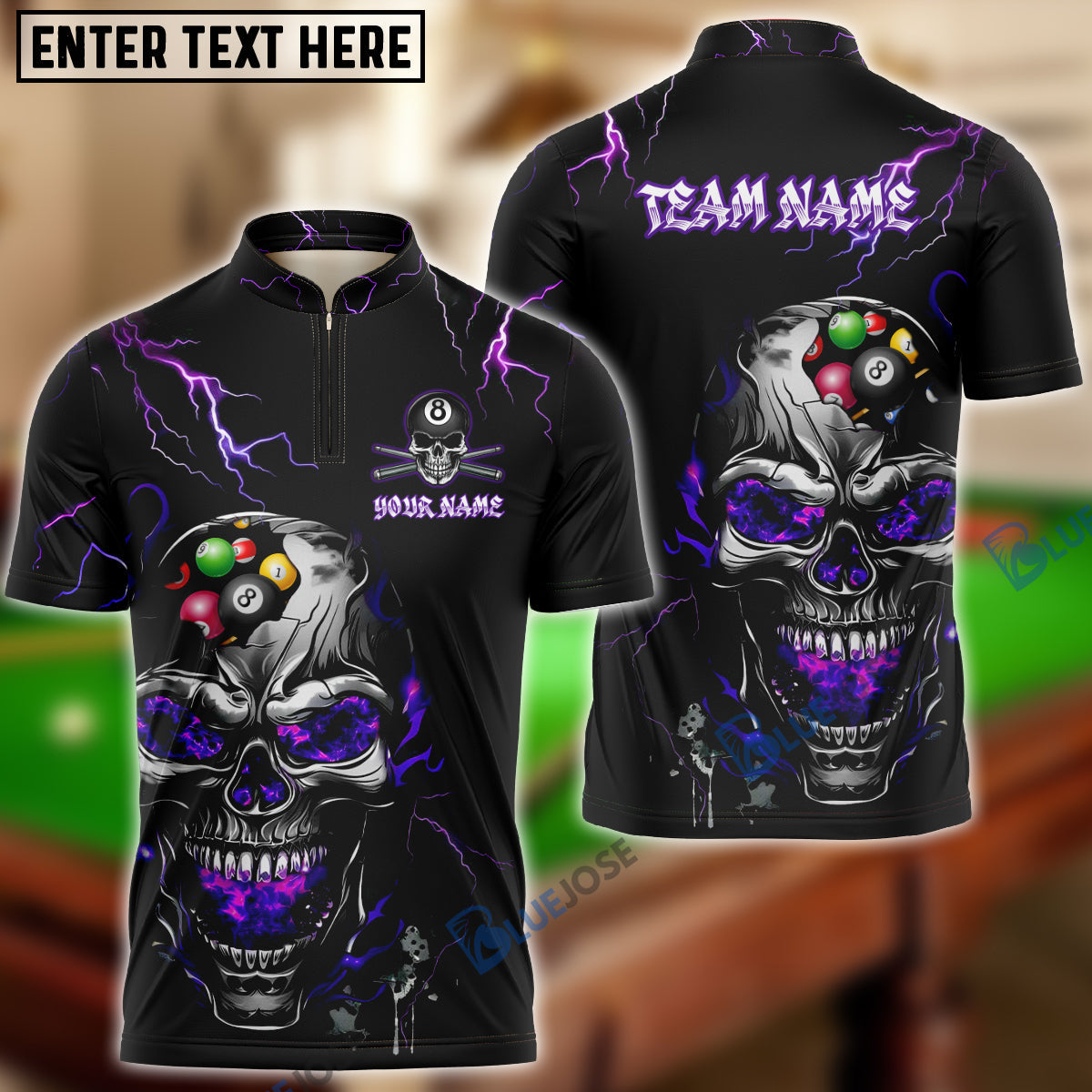 BlueJose Billiards Thunder Lightning Skull Personalized Name Shirt (4 Colors)