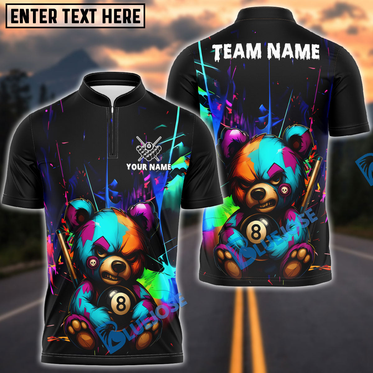 BlueJose Billiards 8-Ball Colorful Angry Teddy Bear Personalized Name, Team Name Unisex Shirt