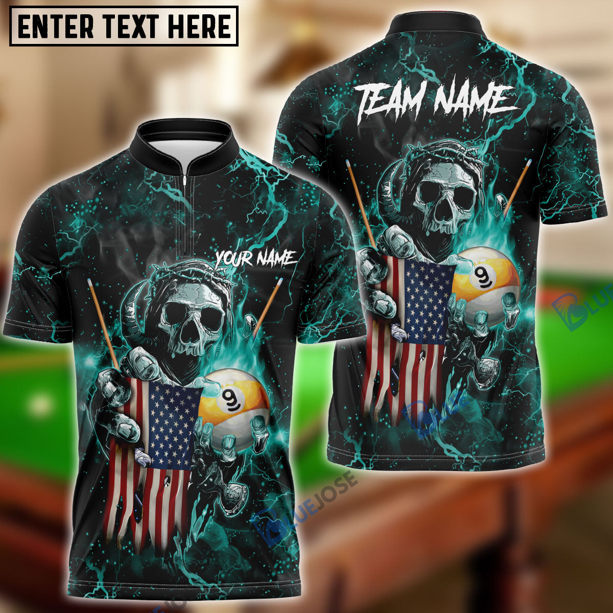 BlueJose Billiards Ball 9 Fire Skull US Flag Personalized Name, Team Name Shirt (6 Colors)