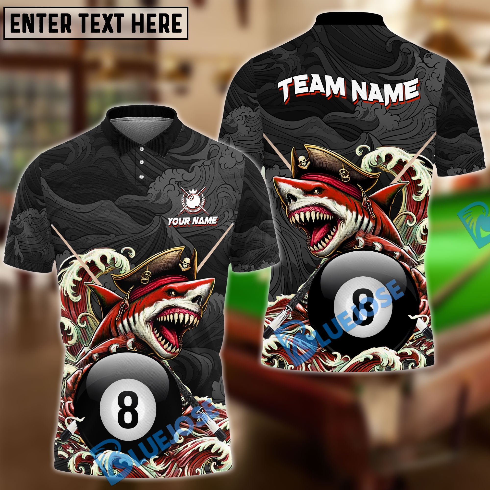 BlueJose Billiards Shark Pirate Personalized Name Shirt (6 Colors)