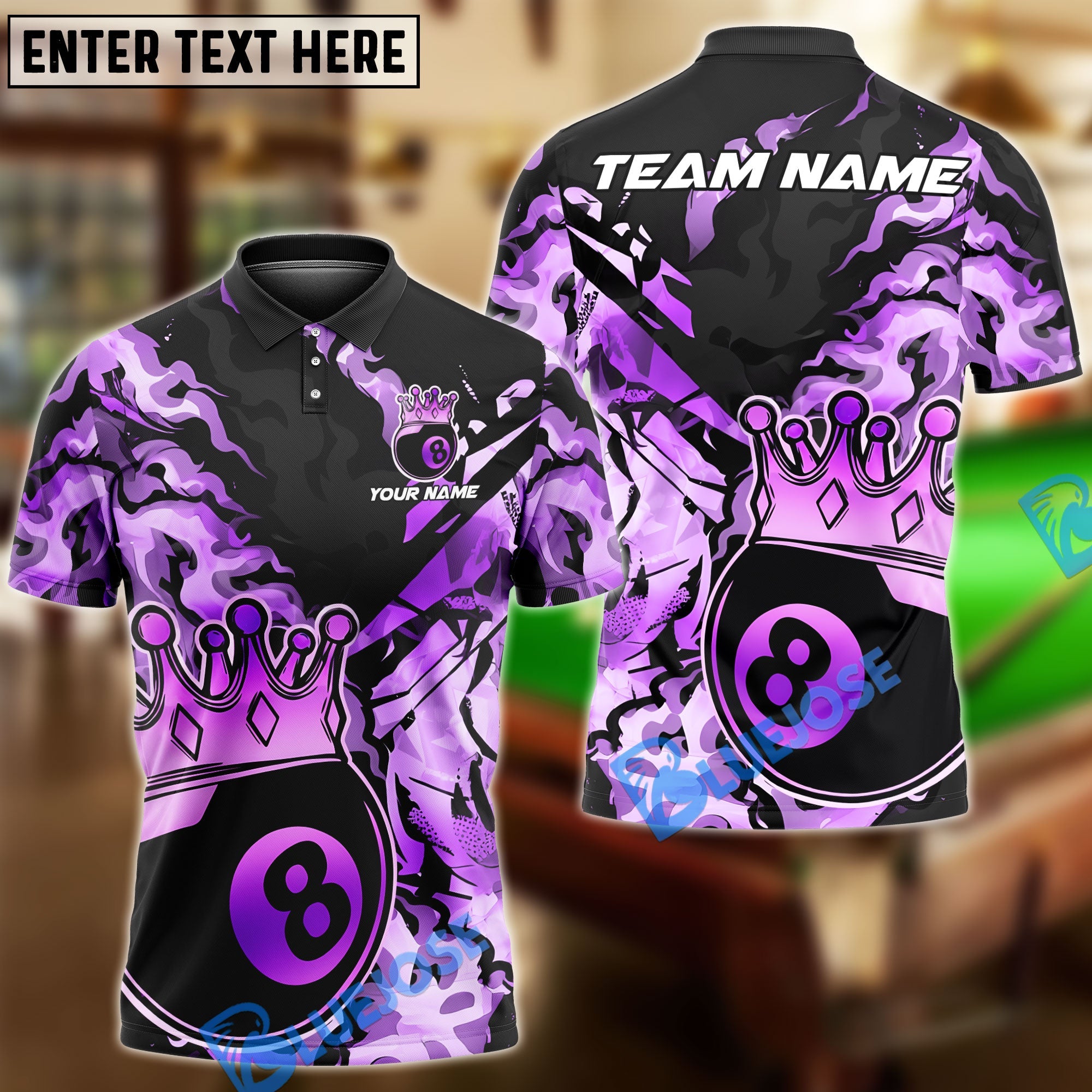 BlueJose Billiards Ball 8 King Crown Golden Pattern Personalized Name & Team Name Shirt (4 Colors)