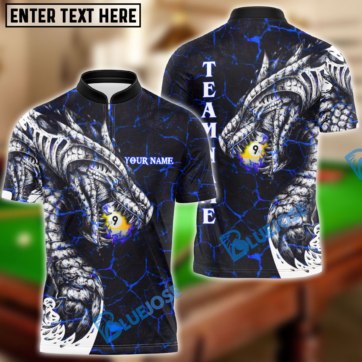 BlueJose Billiards Ball 9 Fire Dragon Personalized Name, Team Name Unisex Shirt ( 3 Colors )