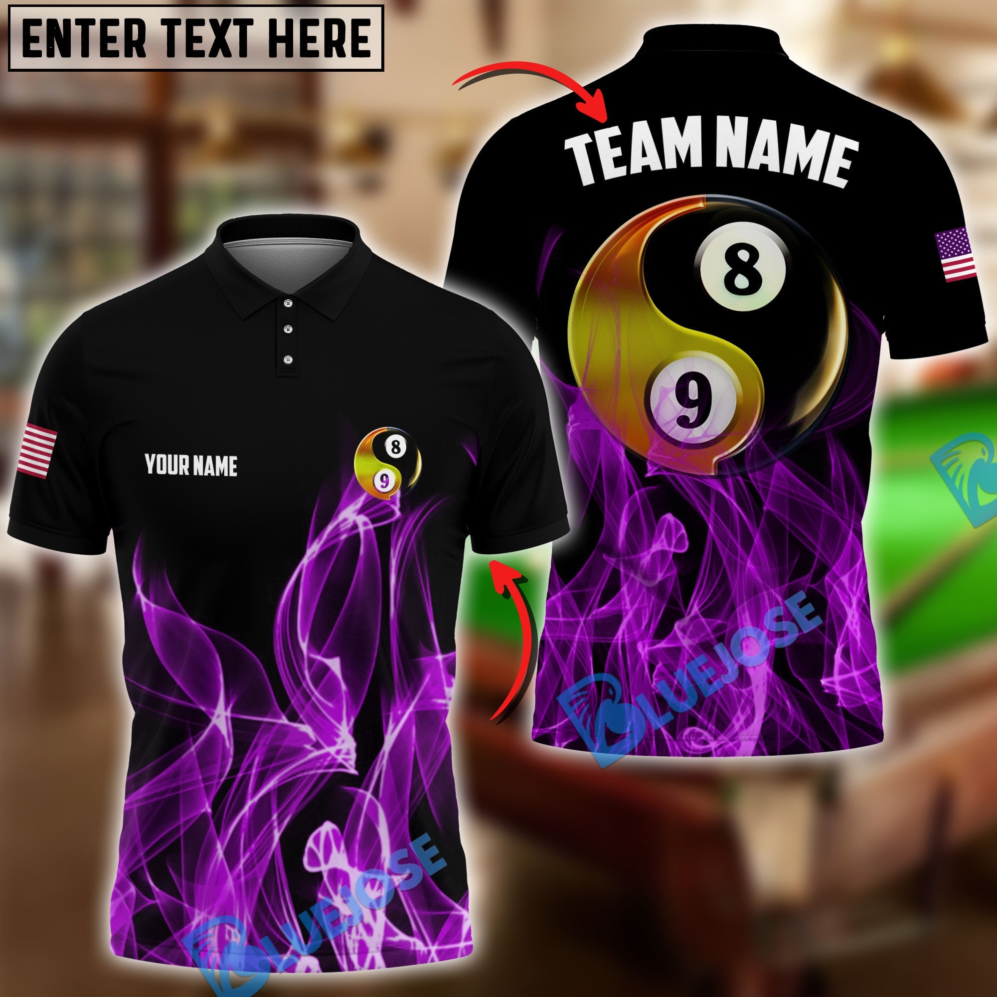 BlueJose Billiards Ball 8&9 Heavenly Flame Personalized Name, Team Name Unisex Shirt