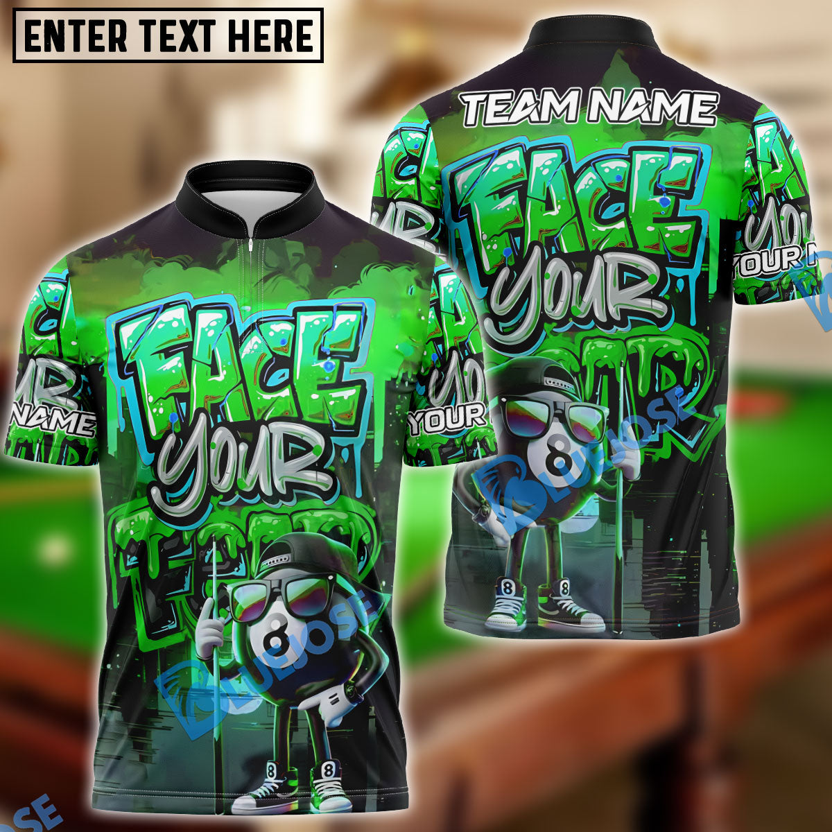 BlueJose Billiards 8 Ball Graffiti Street Art Face Your Fear Style Personalized Name, Team Name Unisex Shirt (4 Colors)