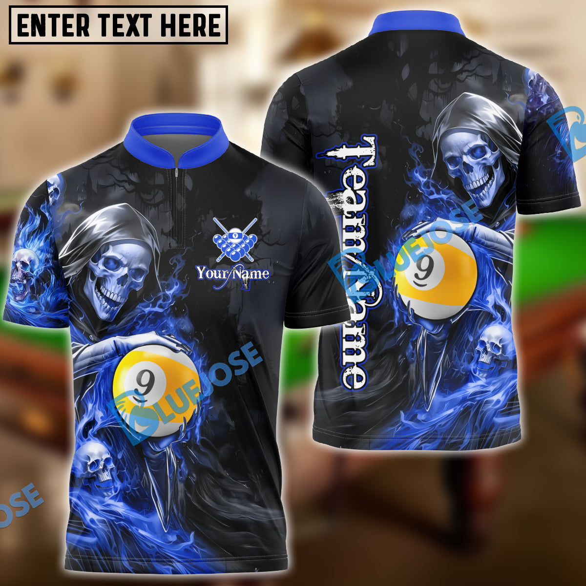 BlueJose Billiards Flame Grim Reaper Holding 9 Ball Personalized Name, Team Name Unisex Shirt (4 Colors)
