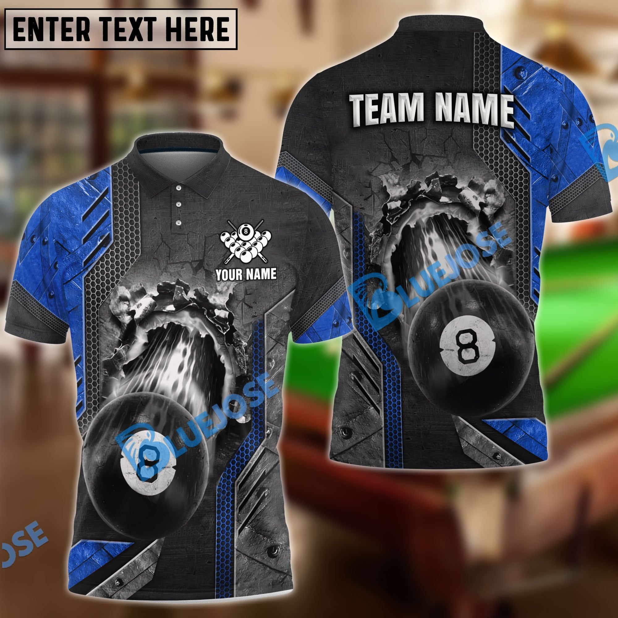 BlueJose Billiards Ball 8 Abstract Grunge Texture Personalized Name, Team Name Shirt (6 Colors)