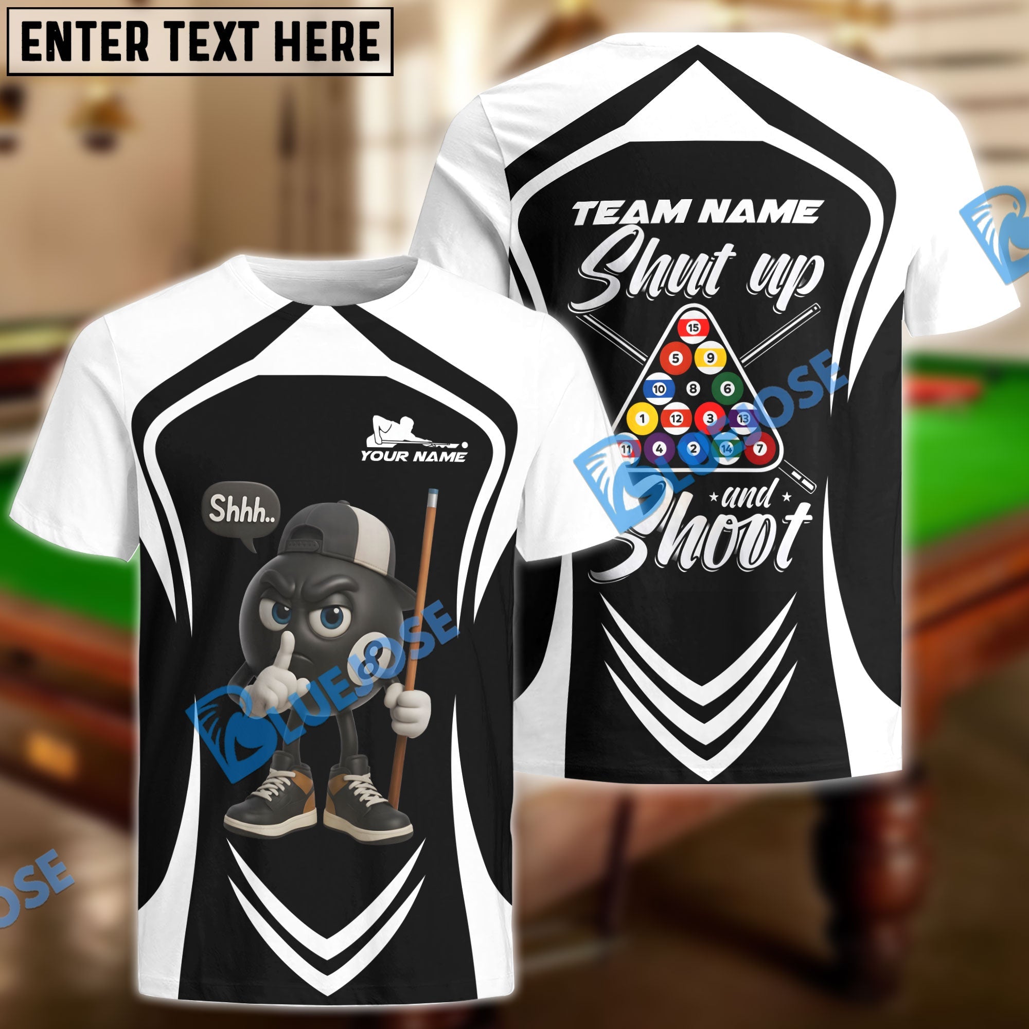 BlueJose Billiards 8-Ball Pool Shut Up and Shoot Ver Triangle Rack Personalized Name, Team Name Unisex Shirt (4 Colors)