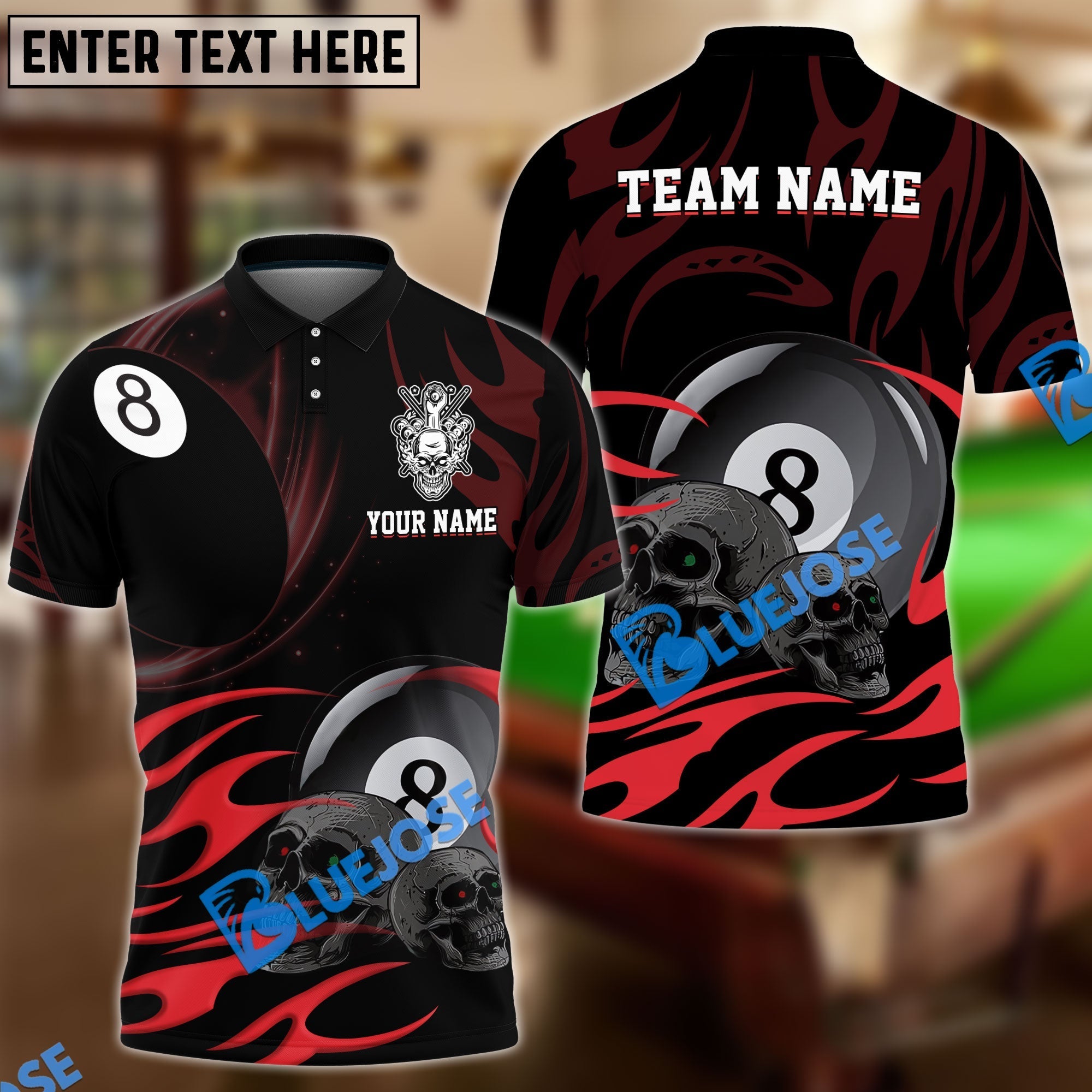 BlueJose Billiards Ball 8 Skulls Personalized Name, Team Name Unisex Shirt (6 Colors)