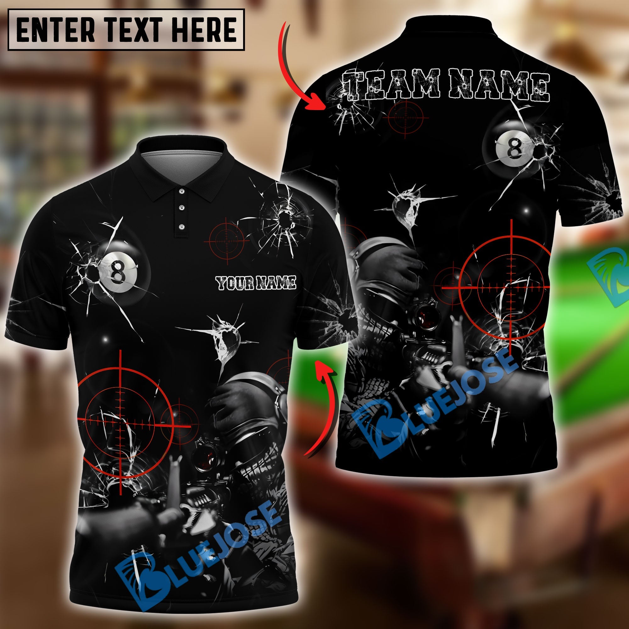 BlueJose Billiards 8-Ball Shooting Aim Sniper Customized Name, Team Name 3D Shirt (4 Colors)