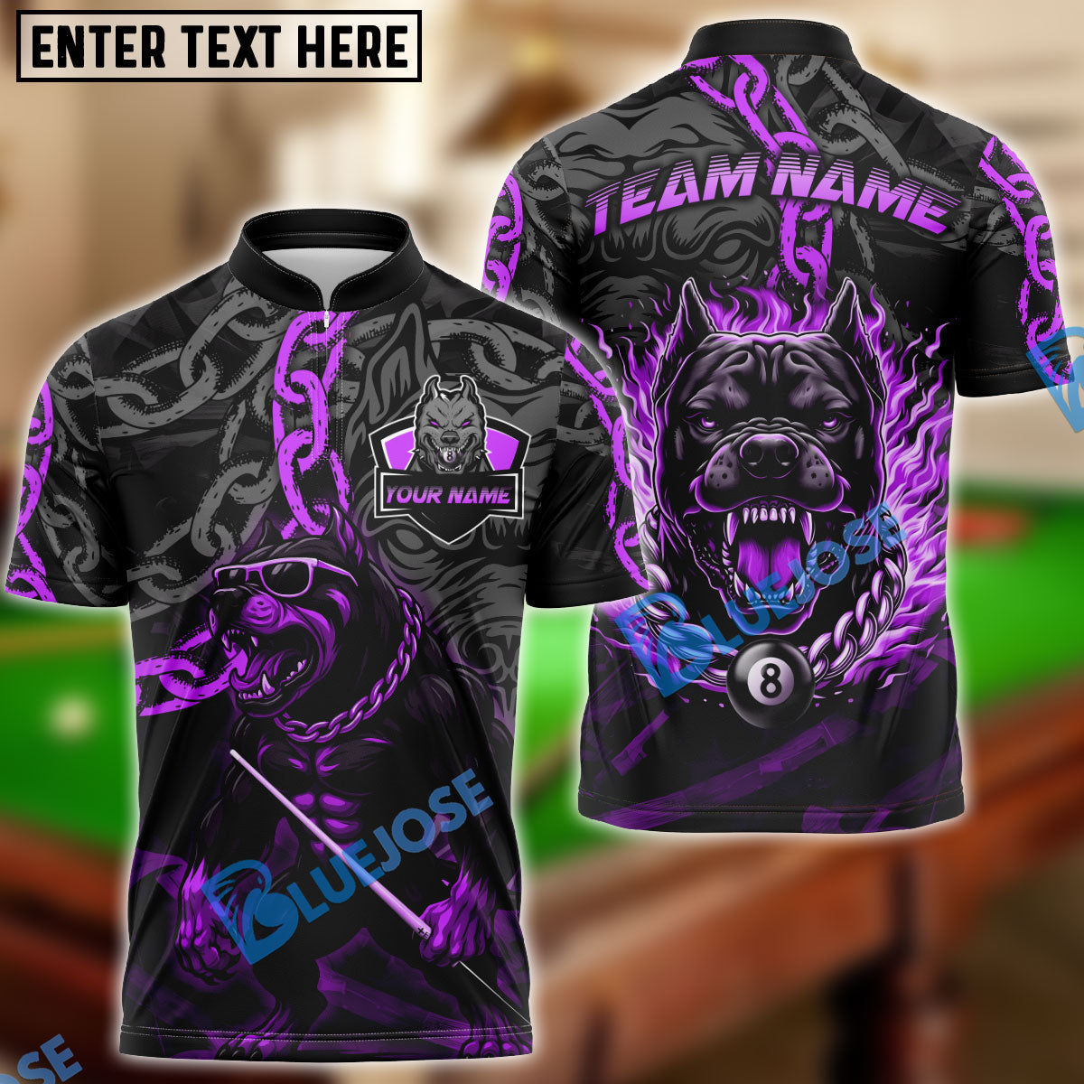 BlueJose Billiards 8-Ball Pitbull Flame Chain Personalized Name Shirt (4 Colors)