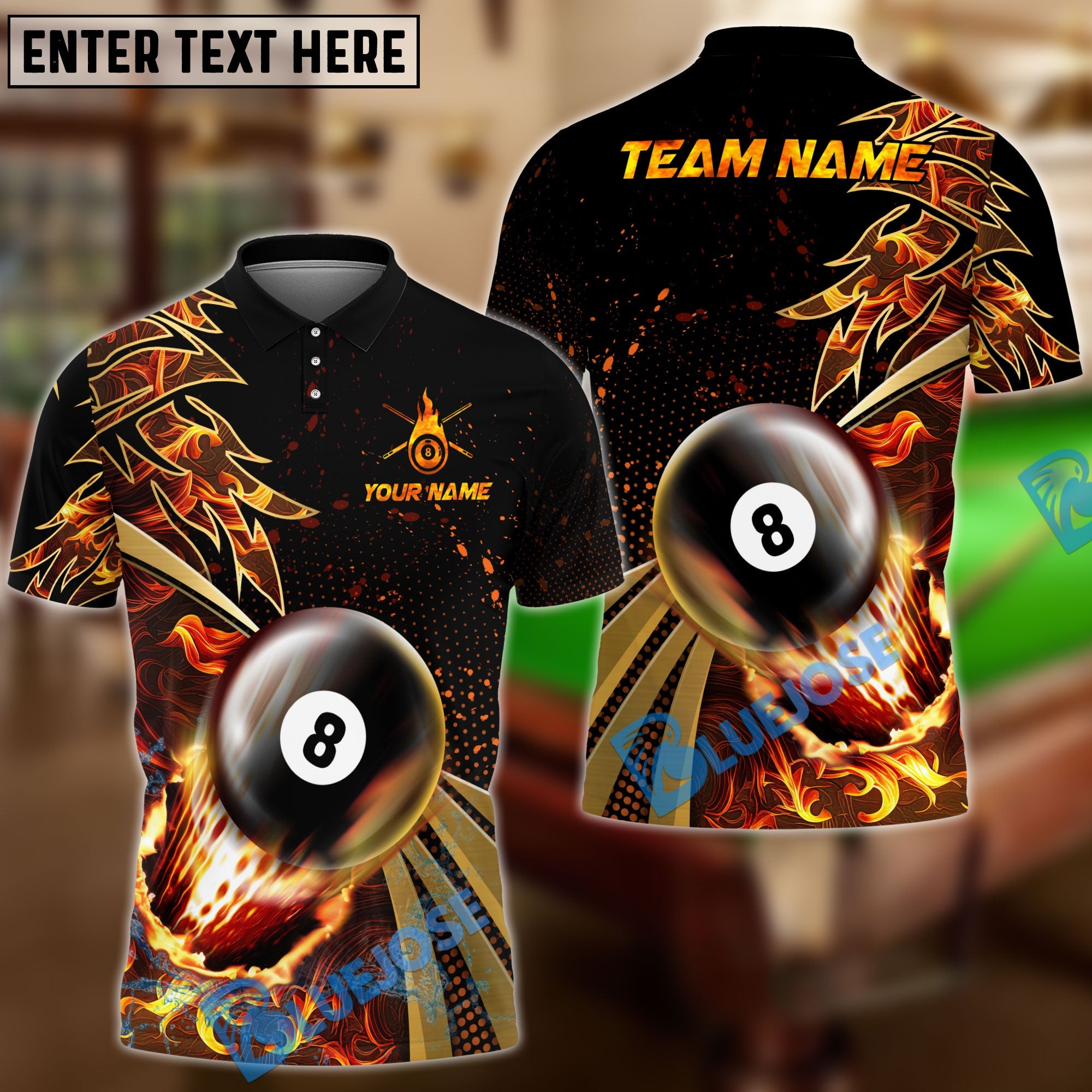 BlueJose Billiards Ball 8 Flame Premium Golden Line Personalized Name, Team Name Shirt (4 Colors)