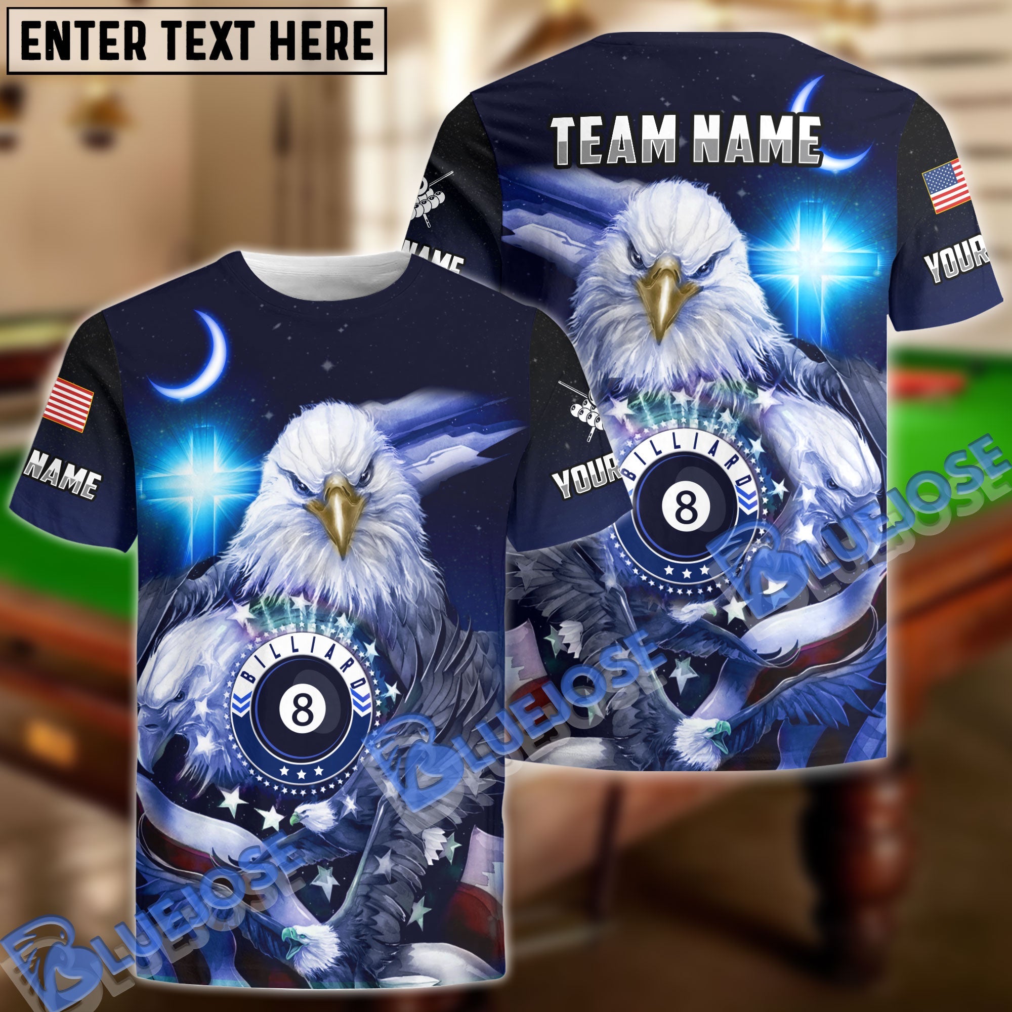 BlueJose Billiards Ball 8 Cross Eagle American Flag Personalized Name & Team Name Shirt (4 Colors)