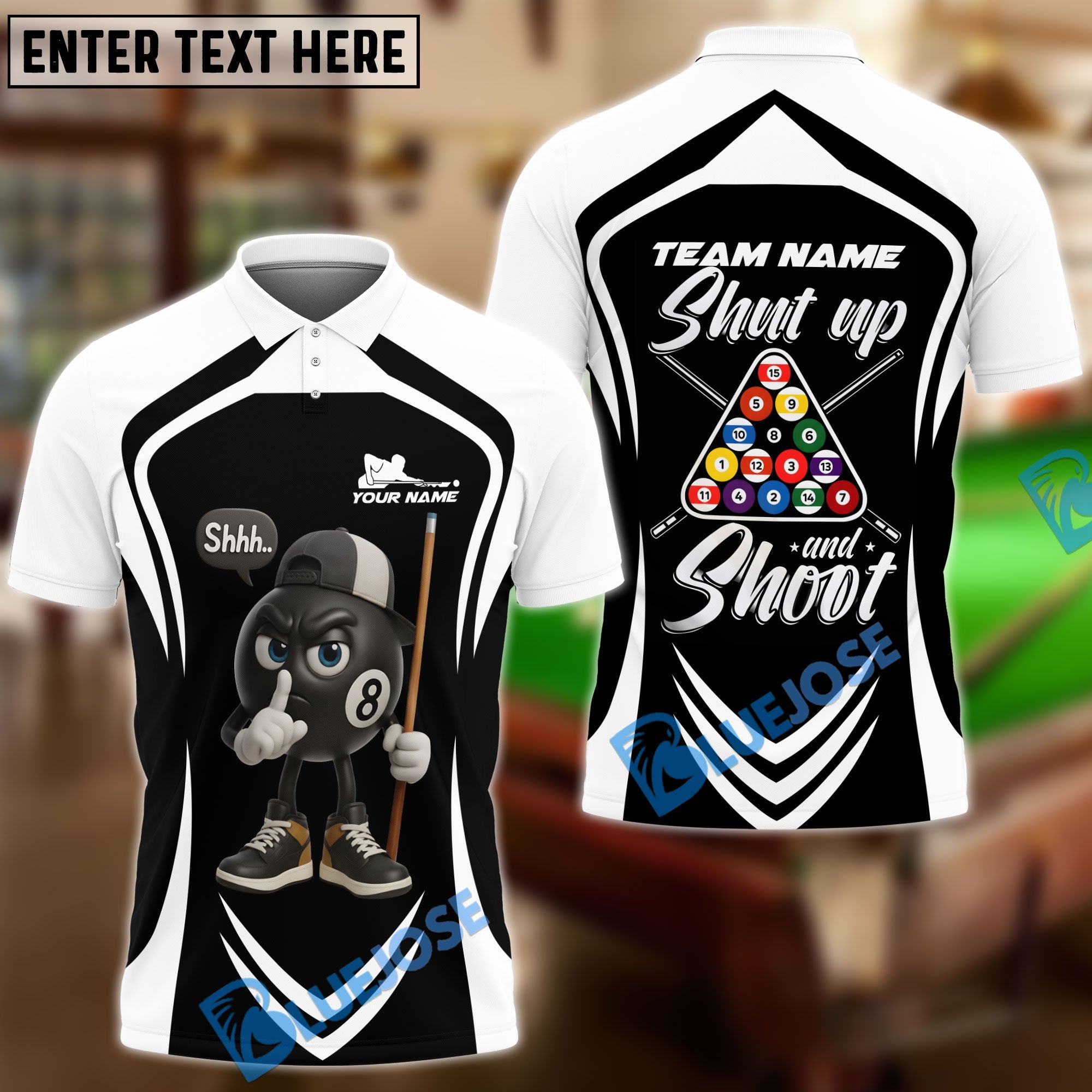 BlueJose Billiards 8-Ball Pool Shut Up and Shoot Ver Triangle Rack Personalized Name, Team Name Unisex Shirt (4 Colors)