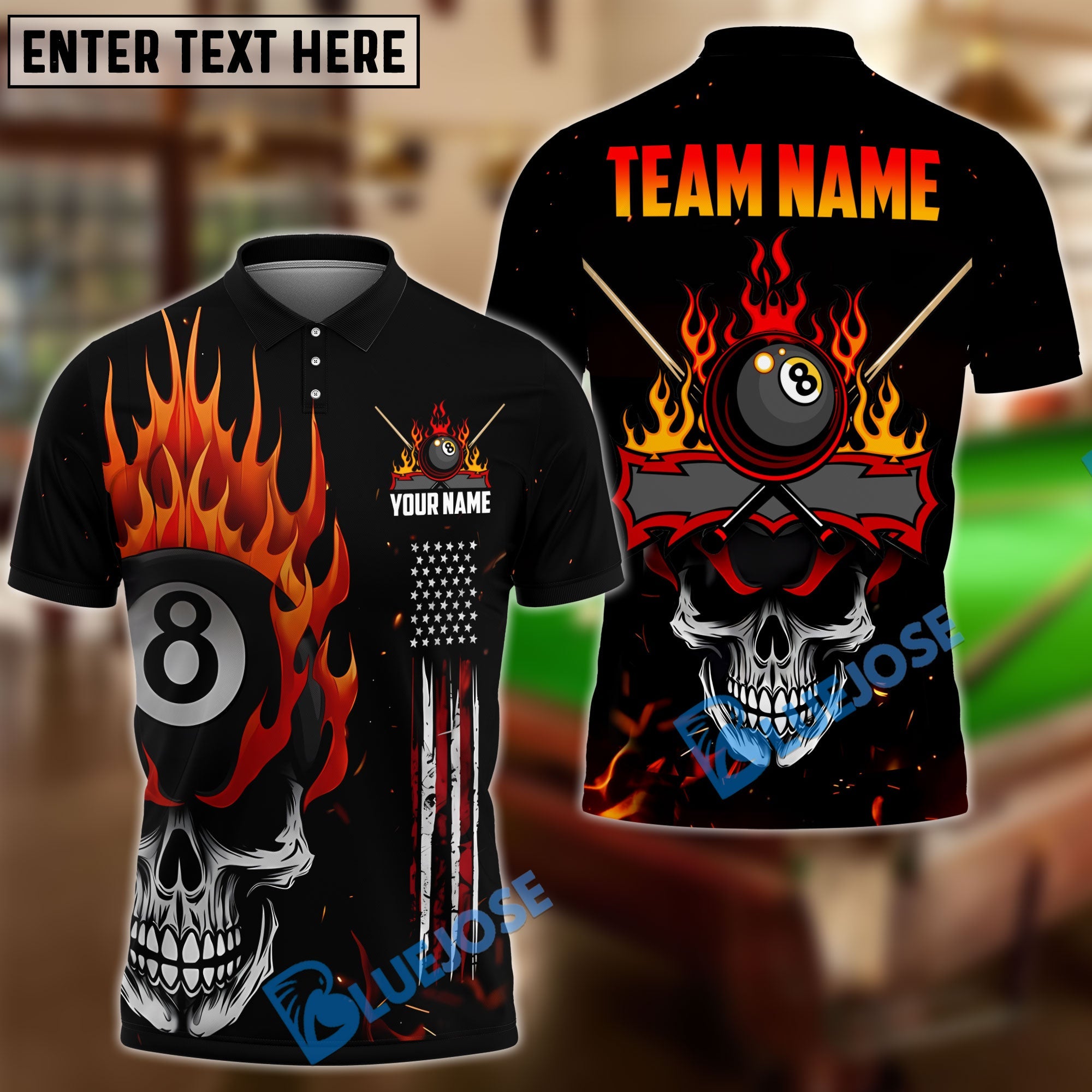 BlueJose Billiards Ball 8 Skull Fire Personalized Name & Team Name Shirt (4 Colors)