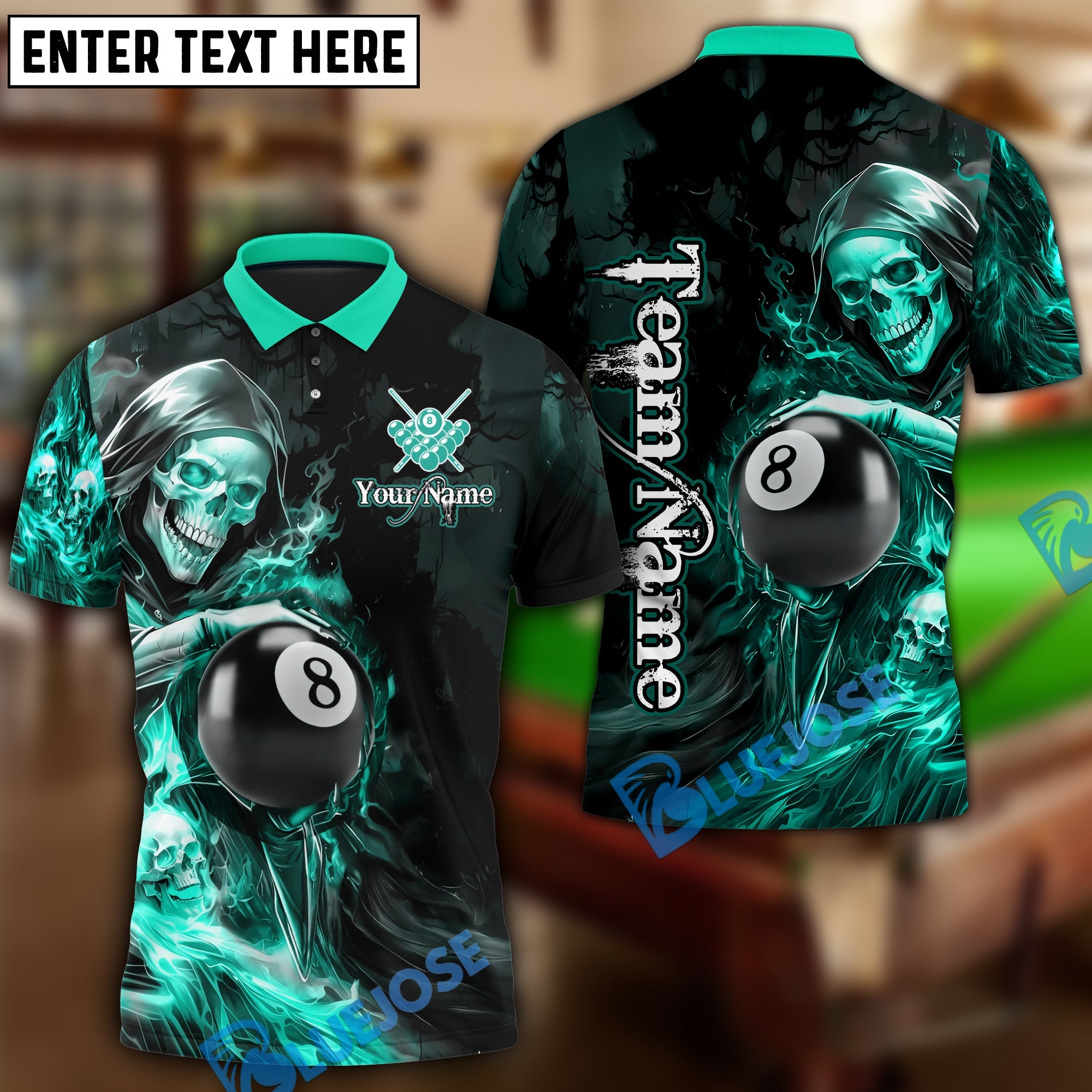 BlueJose Billiards Flame Grim Reaper Holding 8 Ball Personalized Name, Team Name Unisex Shirt (4 Colors)