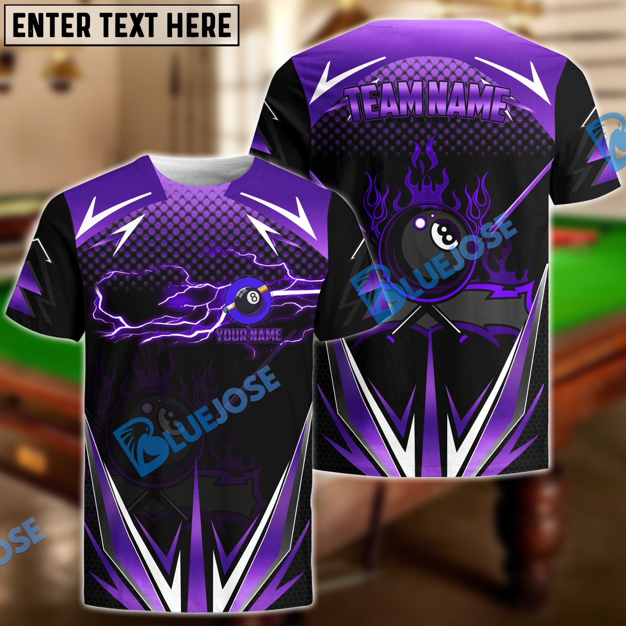 BlueJose Billiards Golden Inferno Power 8-Ball Pool Personalized Name Shirt (4 Colors)