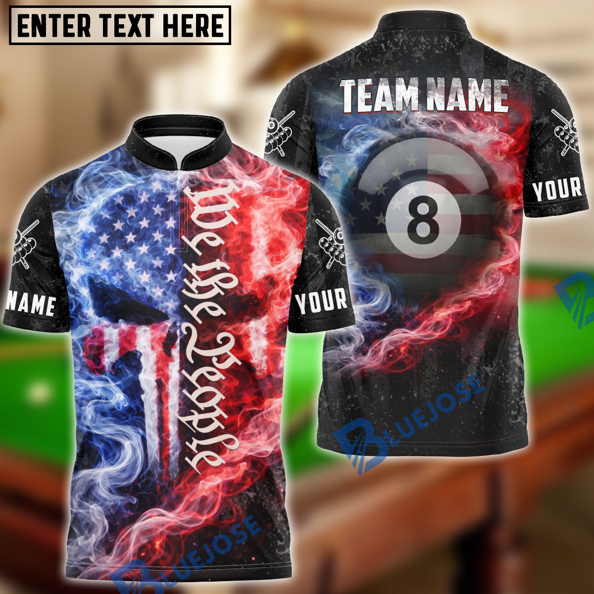 BlueJose Billiards 8 Ball We The People Fire Smoke Punisher Skull Design Personalized Shirt