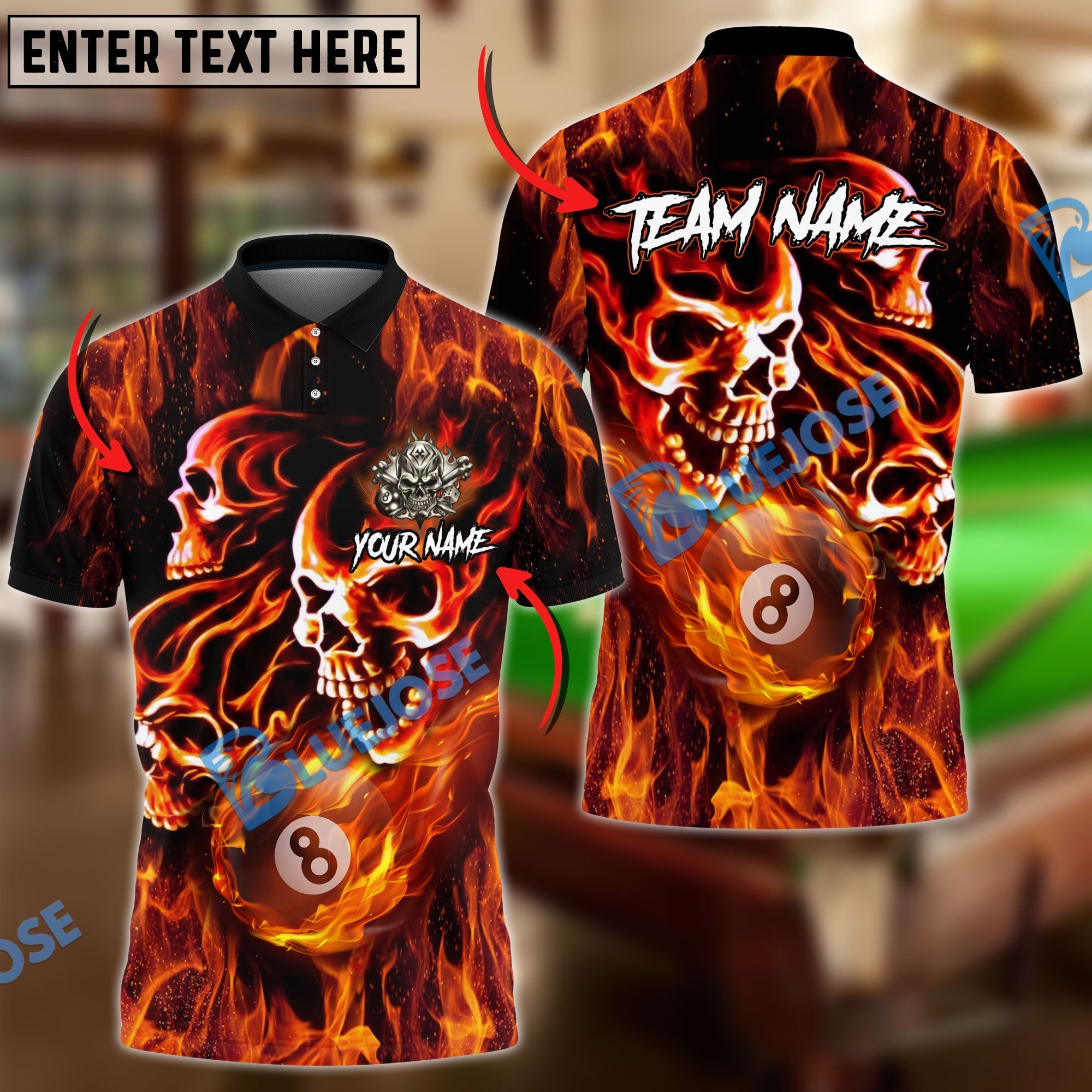 BlueJose Billiards 8 Ball Fusion Skulls Personalized Name, Team Name Unisex Shirt ( 4 Colors )
