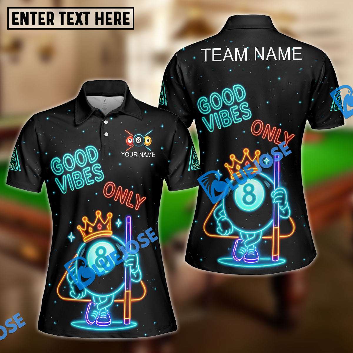 BlueJose Billiards 8-Ball Good Vibes Neon Crown Personalized Name Shirt (4 Colors)