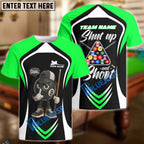 BlueJose Billiards 8-Ball Pool Shut Up and Shoot Ver Triangle Rack Personalized Name, Team Name Unisex Shirt (4 Colors)