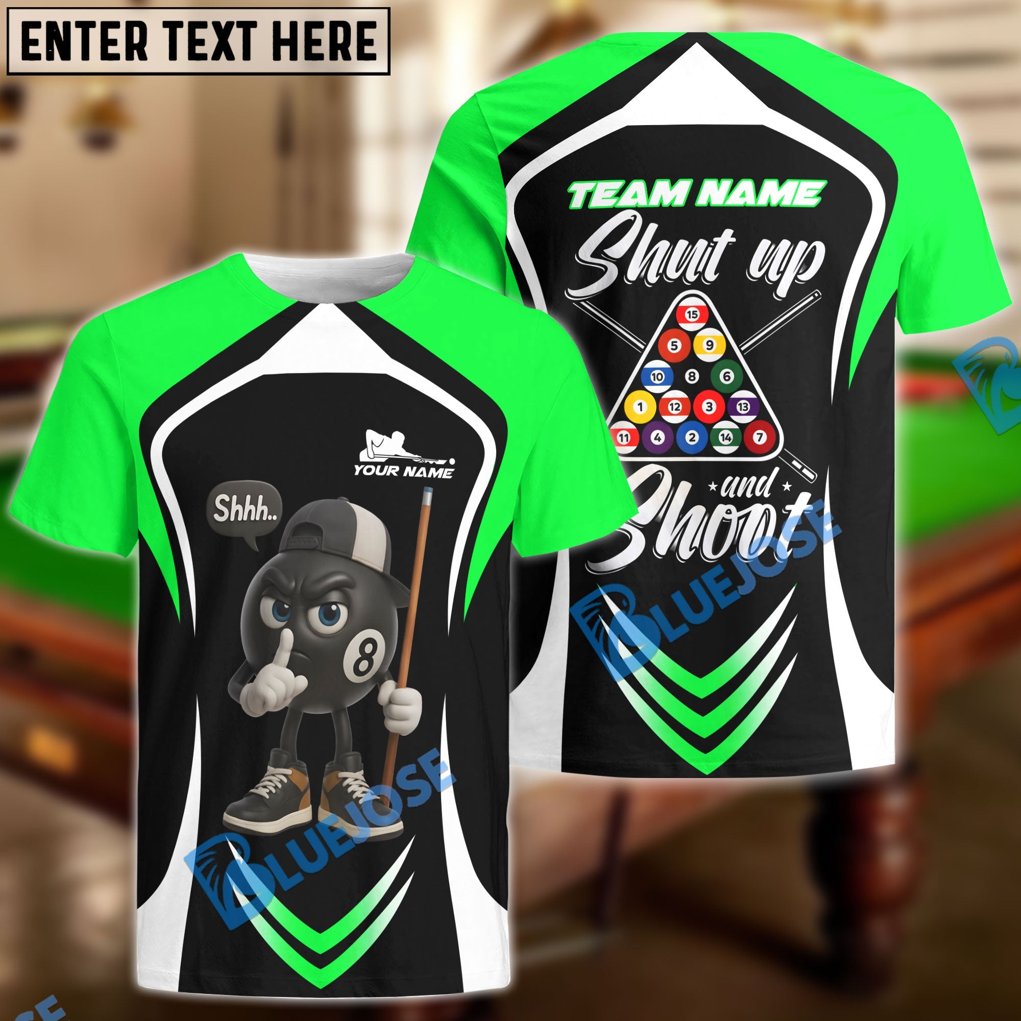 BlueJose Billiards 8-Ball Pool Shut Up and Shoot Ver Triangle Rack Personalized Name, Team Name Unisex Shirt (4 Colors)