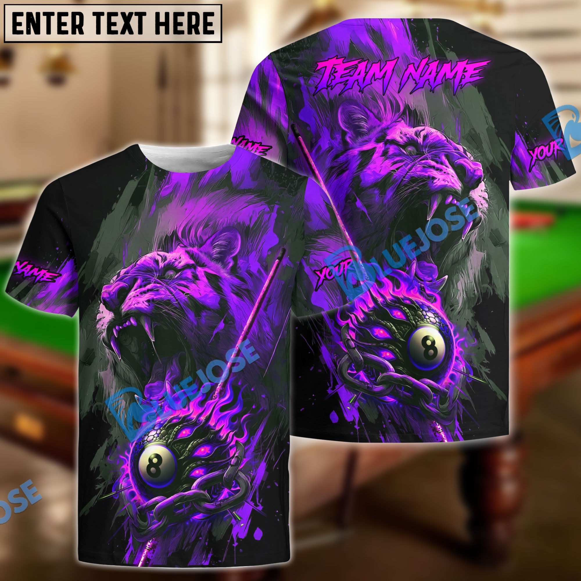 BlueJose Billiards 8-Ball Tiger Fire Chain Personalized Name Shirt (4 Colors)