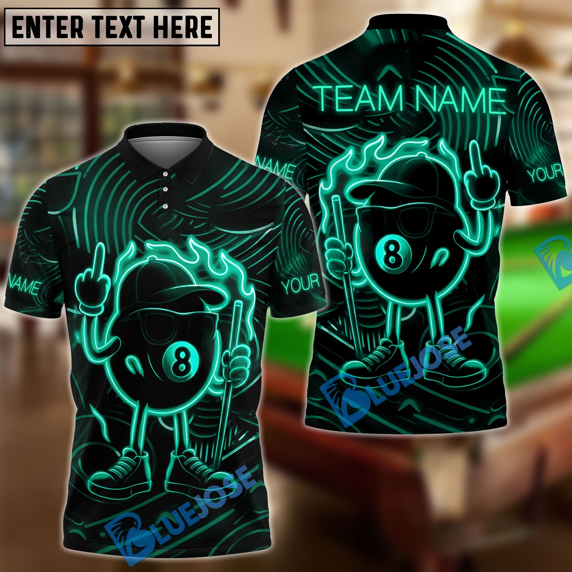 BlueJose Billiards 8 Ball Pool Neon Fire Personalized Name Shirt (4 Colors)