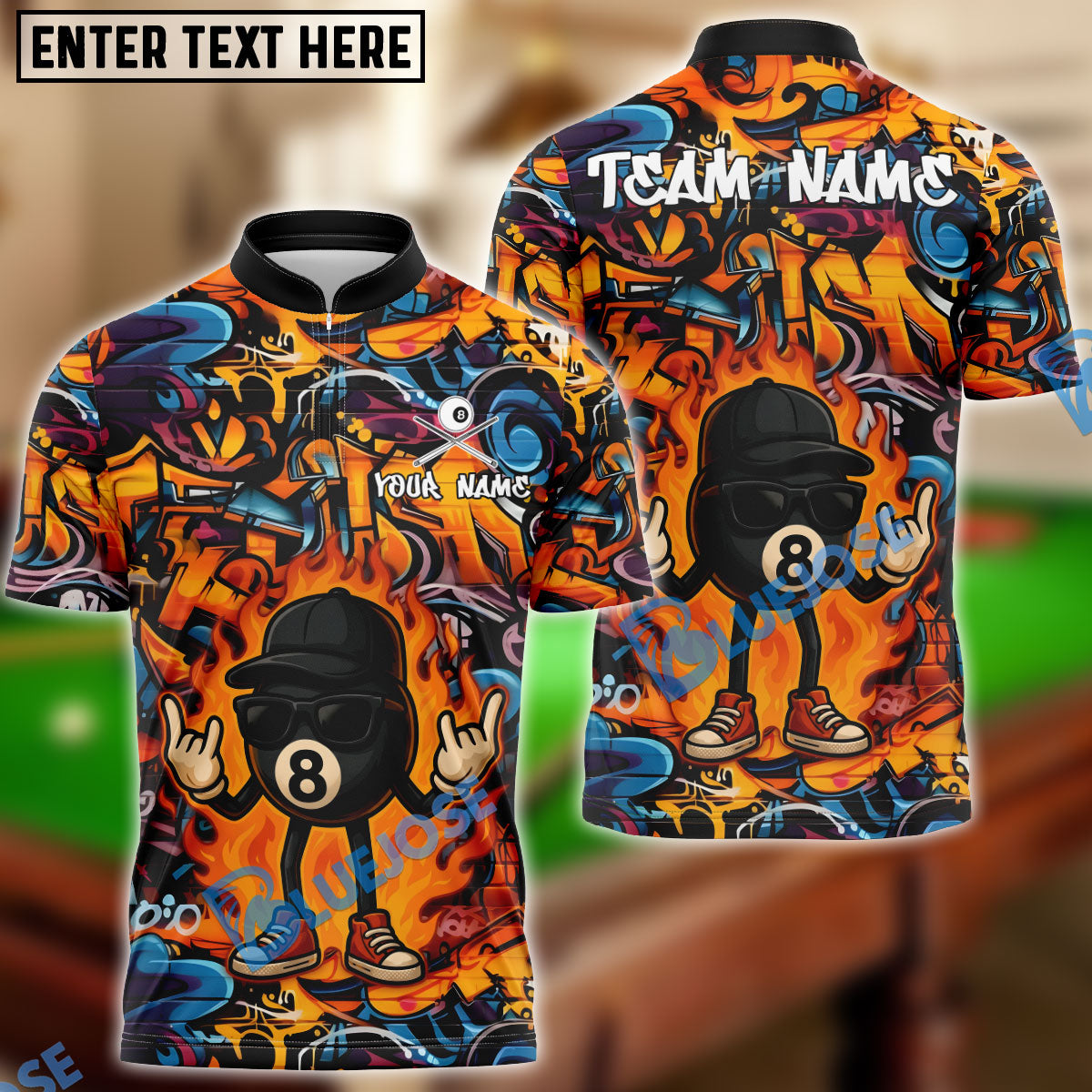 BlueJose Billiards 8 Ball Fire Graffiti Hip Hop Swag Personalized Name, Team Name Unisex Shirt (4 Colors)