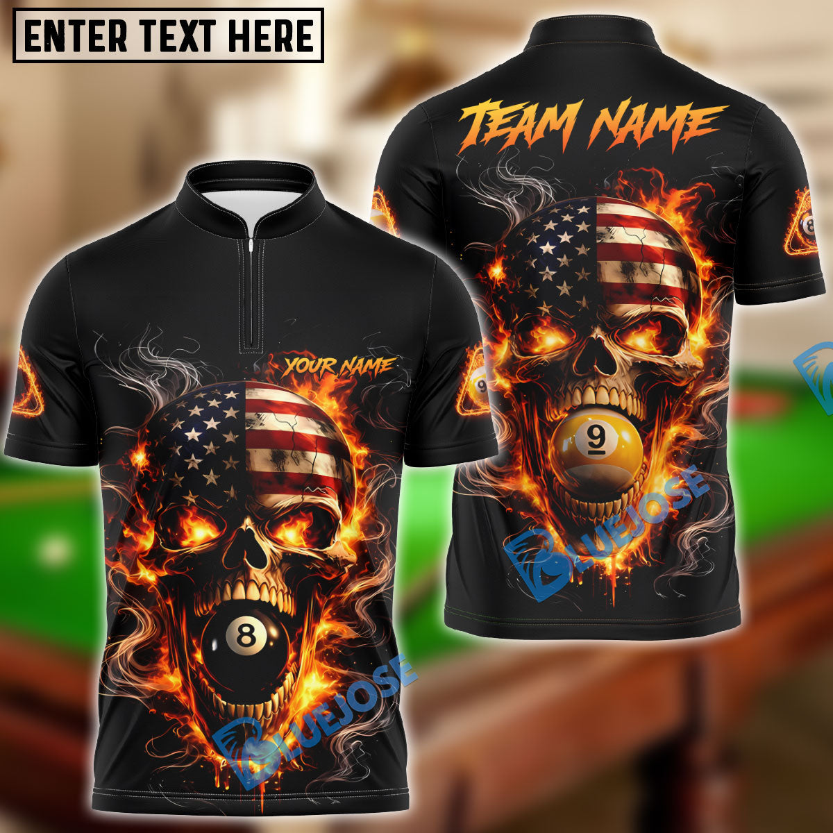 BlueJose Billiards 8 Ball 9 Ball Flame American Flag Skull Customized Name, Team Name 3D Shirt (4 Colors)