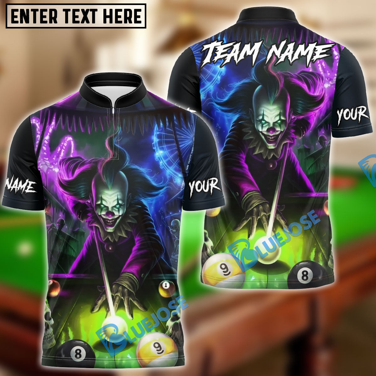 BlueJose Billiards Neon Killer Joker Personalized Name, Team Name Unisex Shirt (4 Colors)