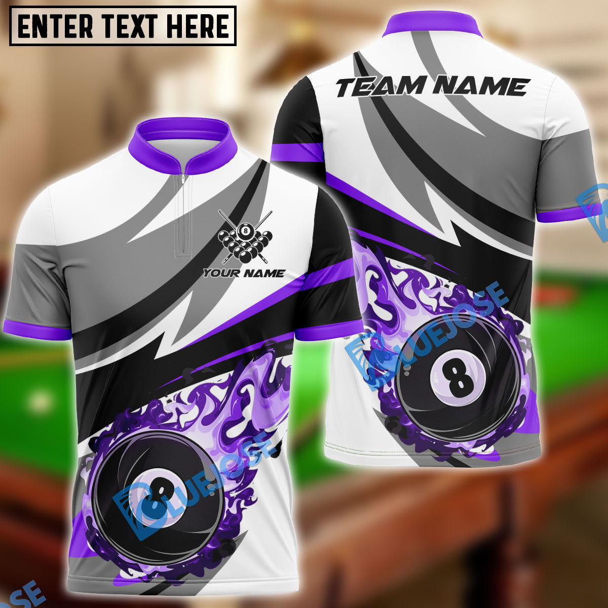 BlueJose Billiards Ball 8 Fire Wind Pattern Personalized Name & Team Name Shirt (4 Colors)