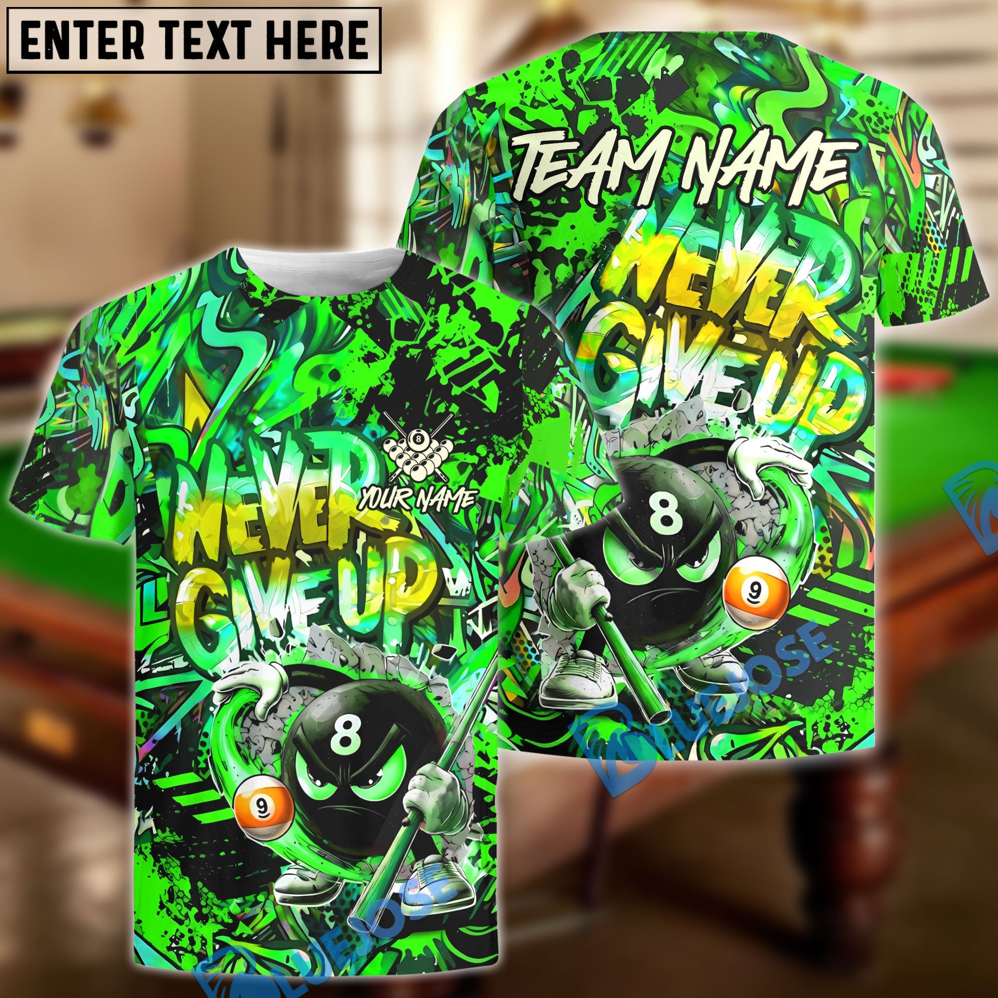 BlueJose Billiards 8 Ball Serious Never Give Up Graffiti Personalized Name Shirt (4 Colors)