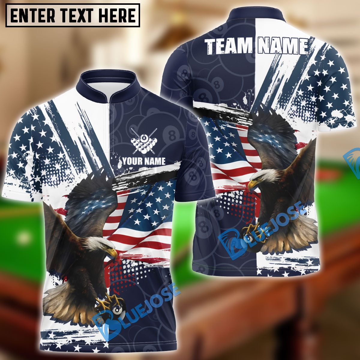 BlueJose Billiards 8-Ball Eagle American Flag Firework Pattern Personalized Name Shirt (4 Colors)