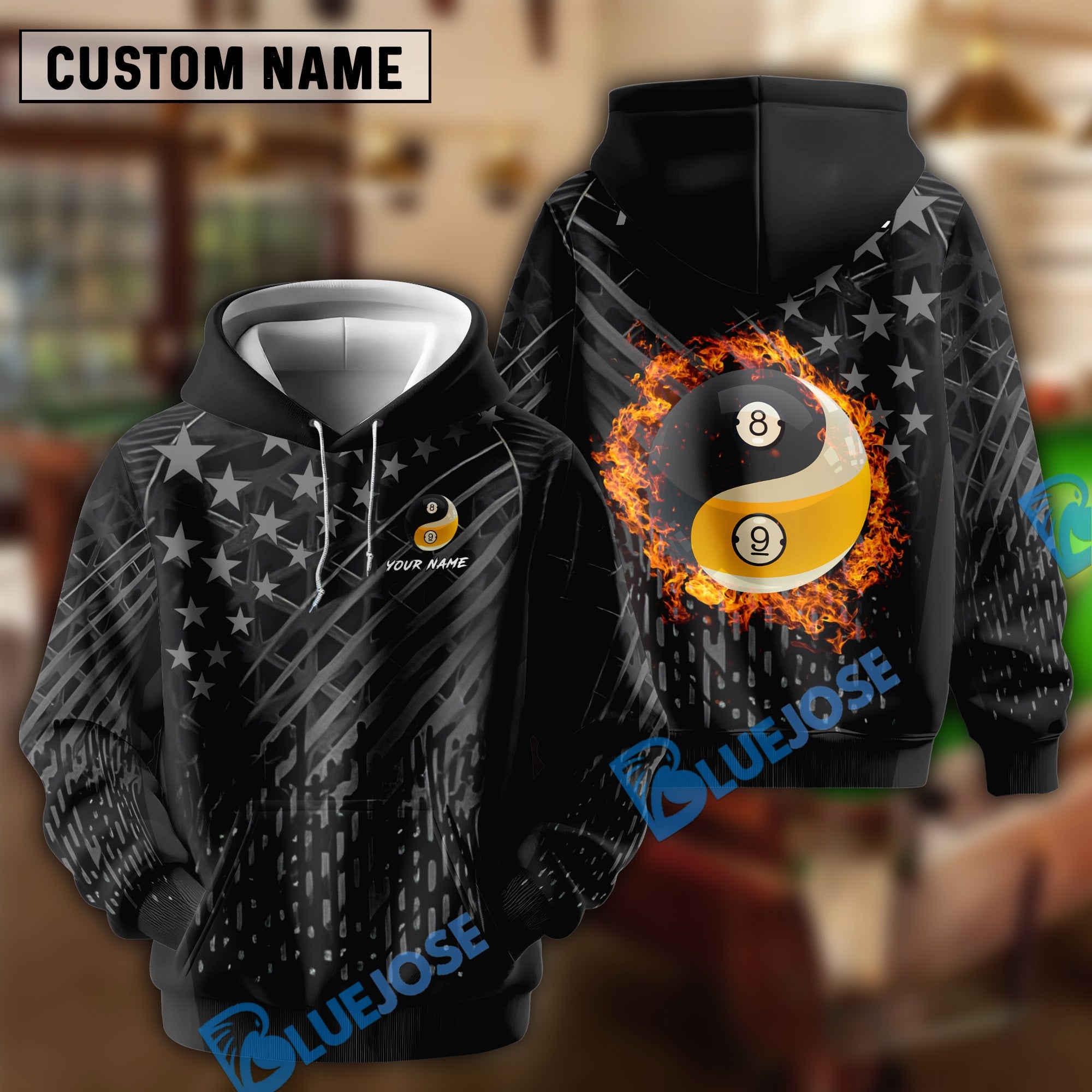 BlueJoses Billiards Ball 8 & 9 Fire Black US Flag Customized Name, Team Name 3D Shirt