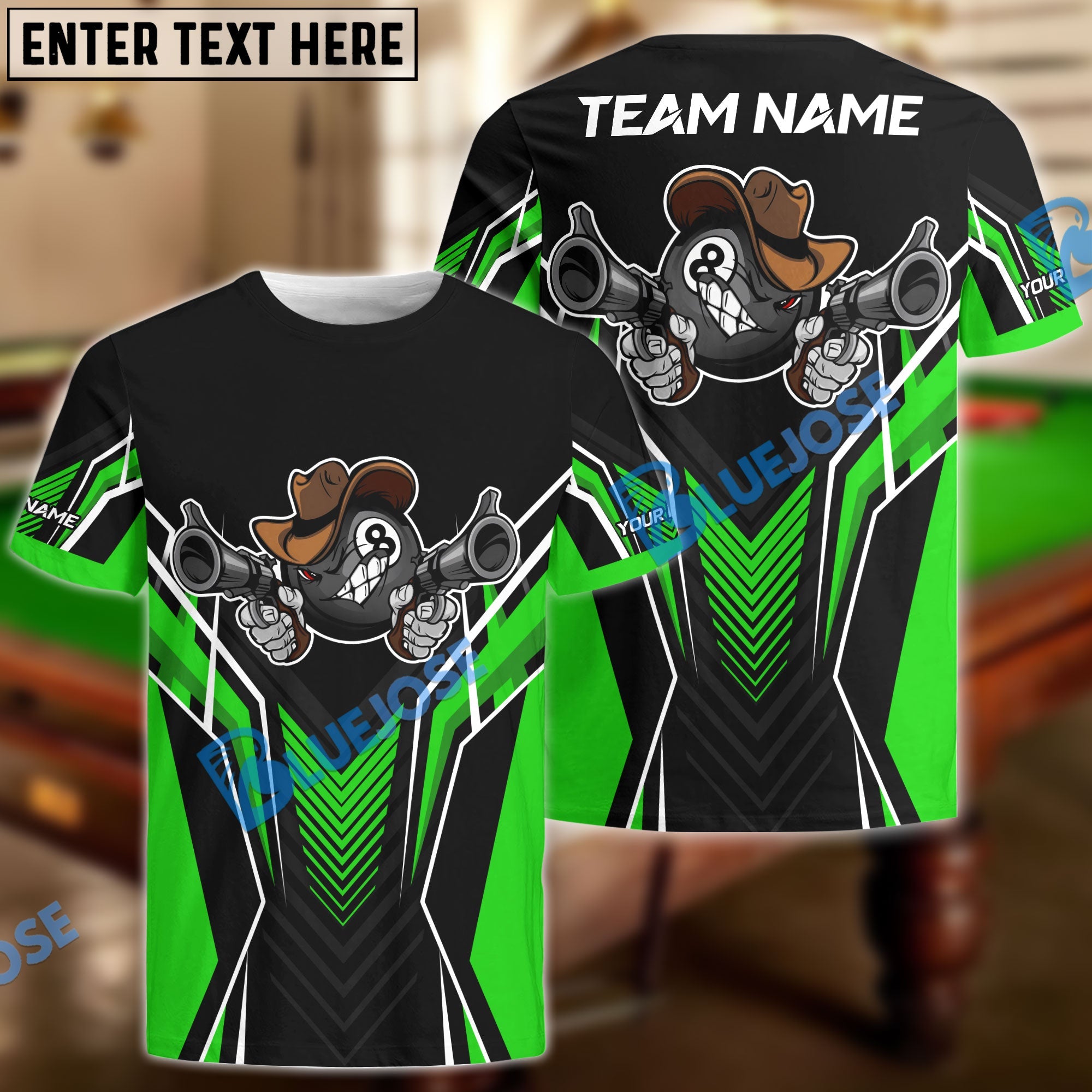 BlueJose Billiards 8 Ball Cowboy Gunny Premium Personalized Name, Team Name Unisex Shirt (4 Colors)