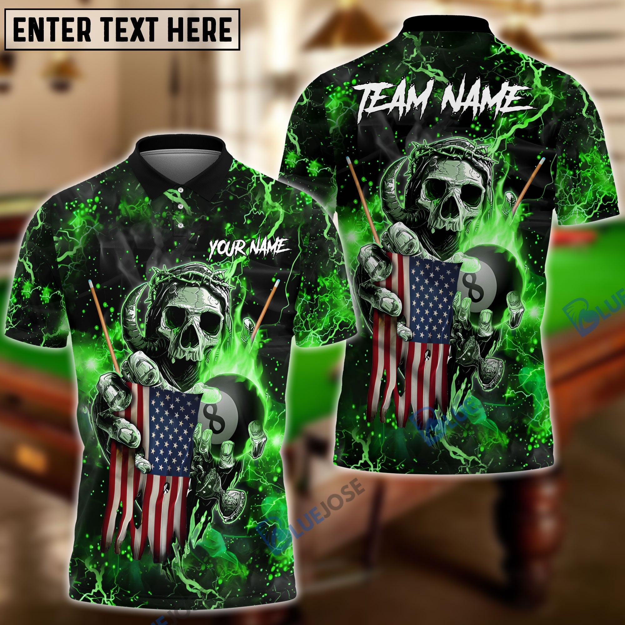 BlueJose Billiards Ball 8 Fire Skull US Flag Personalized Name, Team Name Shirt (6 Colors)