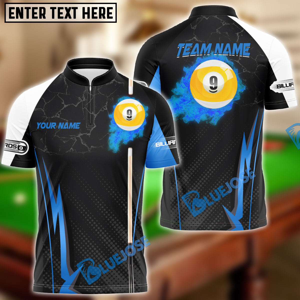 BlueJose Billiards Ball 9 Fire Cue Personalized Name, Team Name Unisex Shirt (4 Colors)