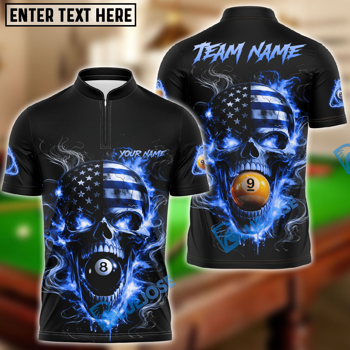 BlueJose Billiards 8 Ball 9 Ball Flame American Flag Skull Customized Name, Team Name 3D Shirt (4 Colors)