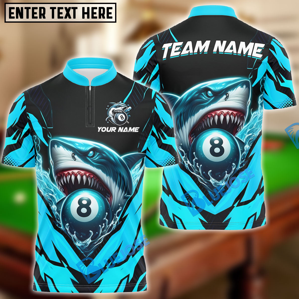 BlueJose Billiards Ball 8 Angry Shark  Personalized Name Shirt (4 Colors)