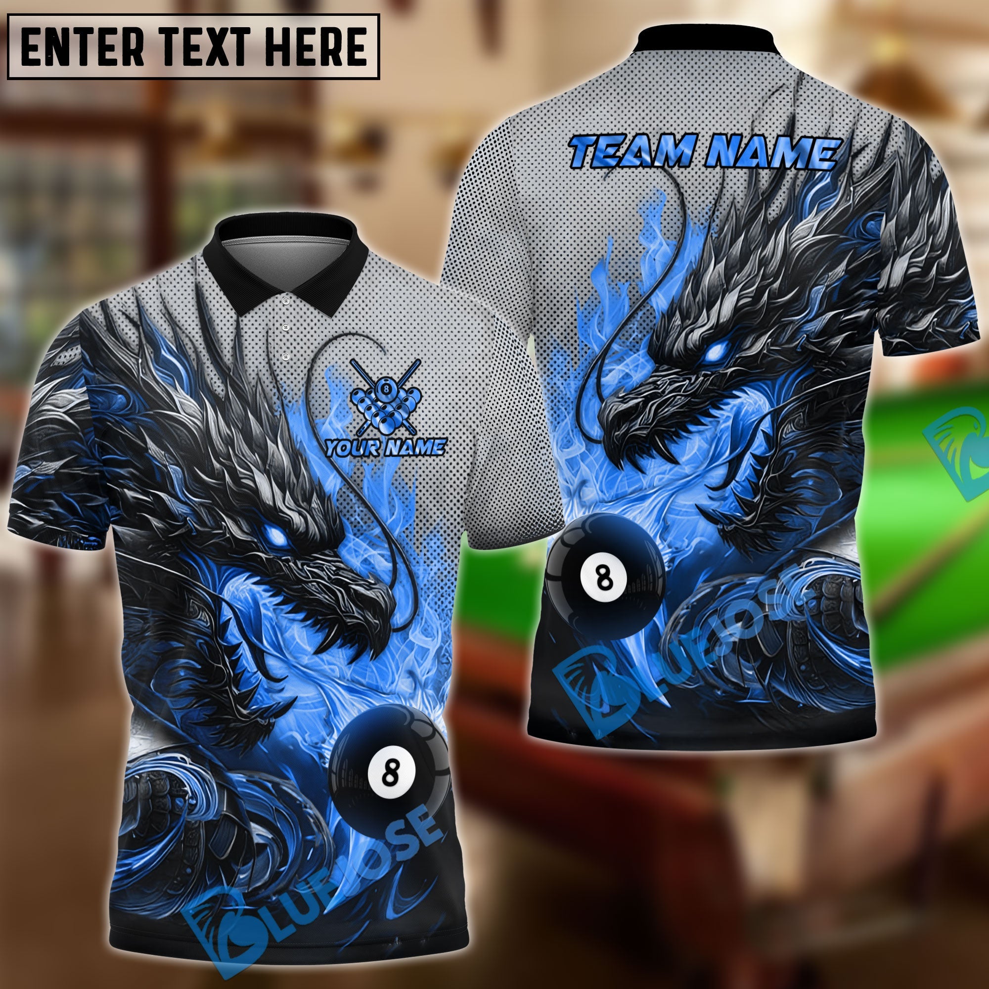 BlueJose Billiards Ball 8 Burning Fire Dragon Personalized Name Team Name Unisex Shirt (4 Colors)