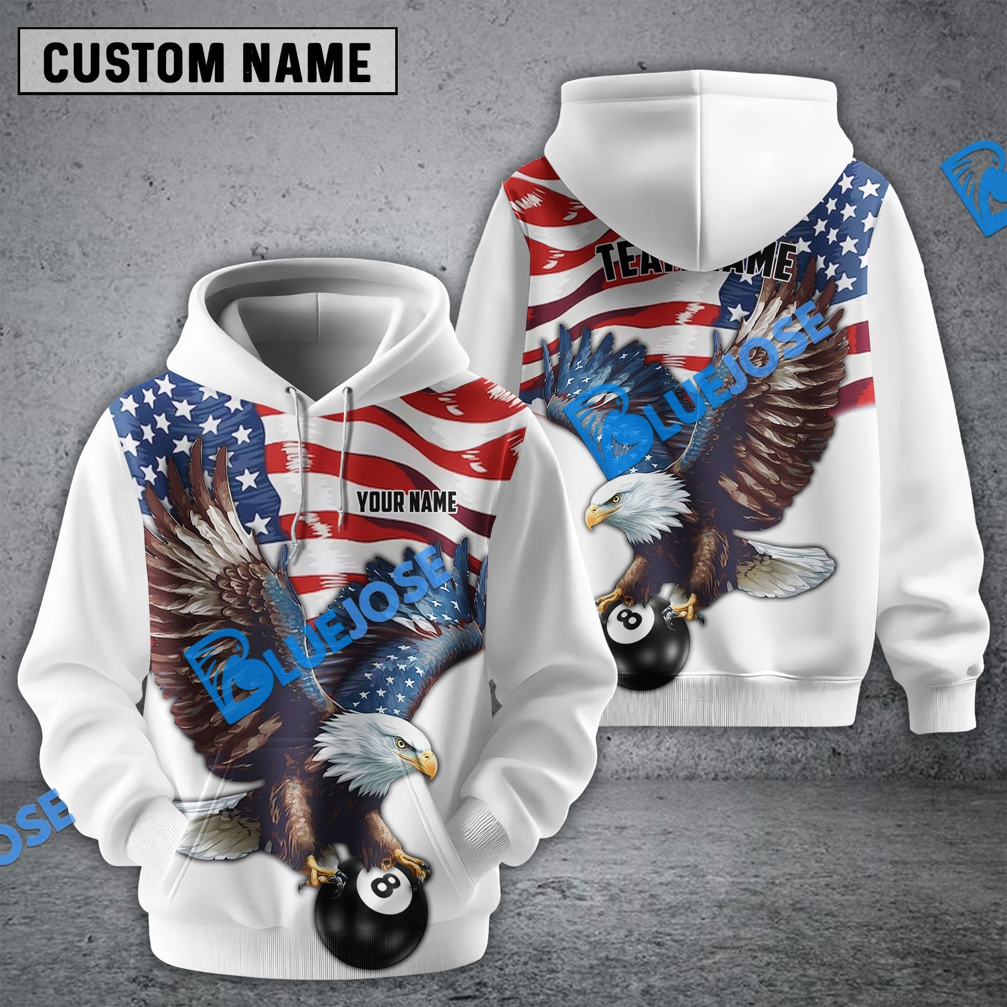 BlueJose Billiards 8 Ball Eagle US Flag Retro Personalized Name, Team Name Unisex Shirt
